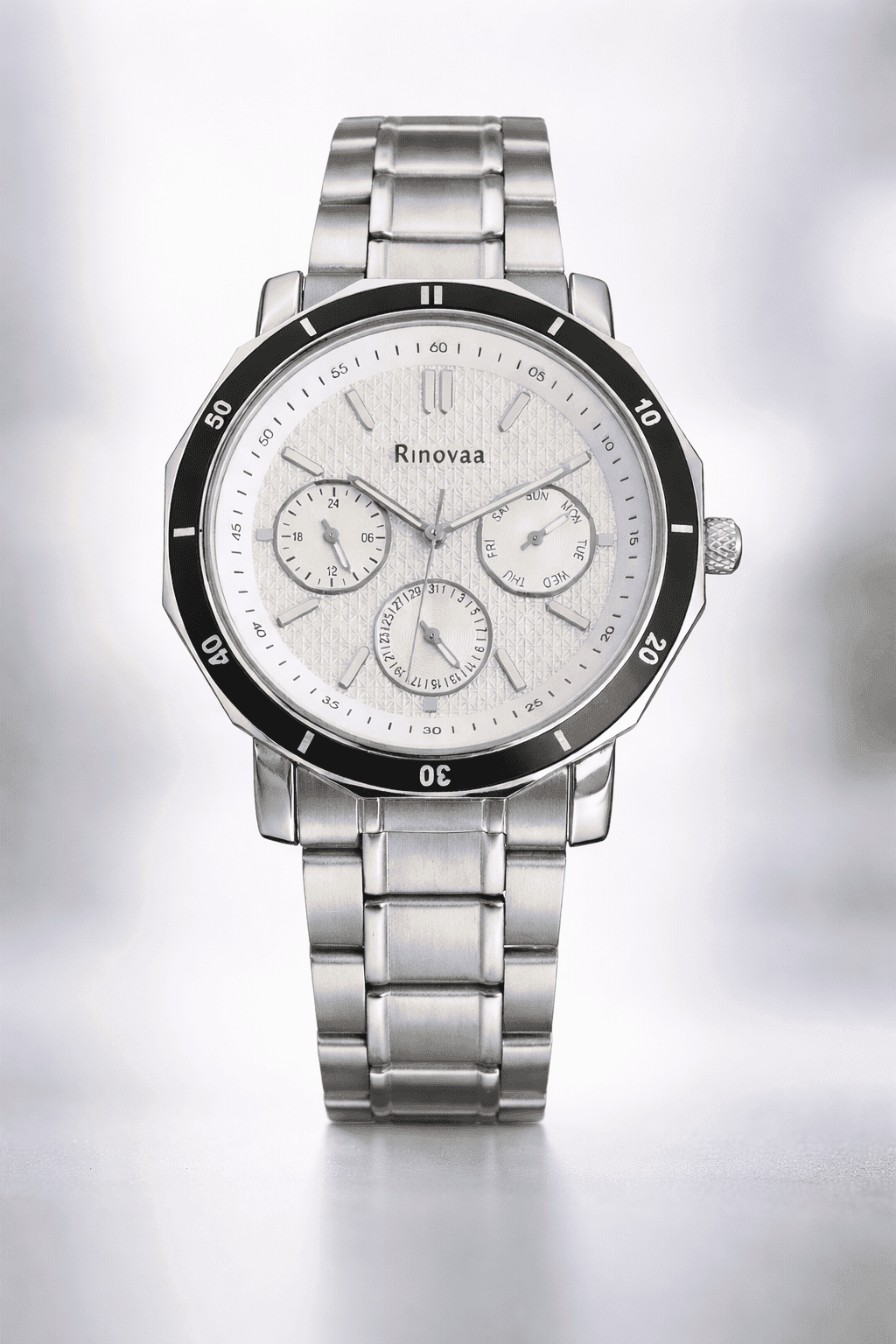 Men’s Multifunction Analog Watch | Silver Stainless Steel Strap | White Textured Dial with Black Bezel | Day, Date & 24-Hour Display 2