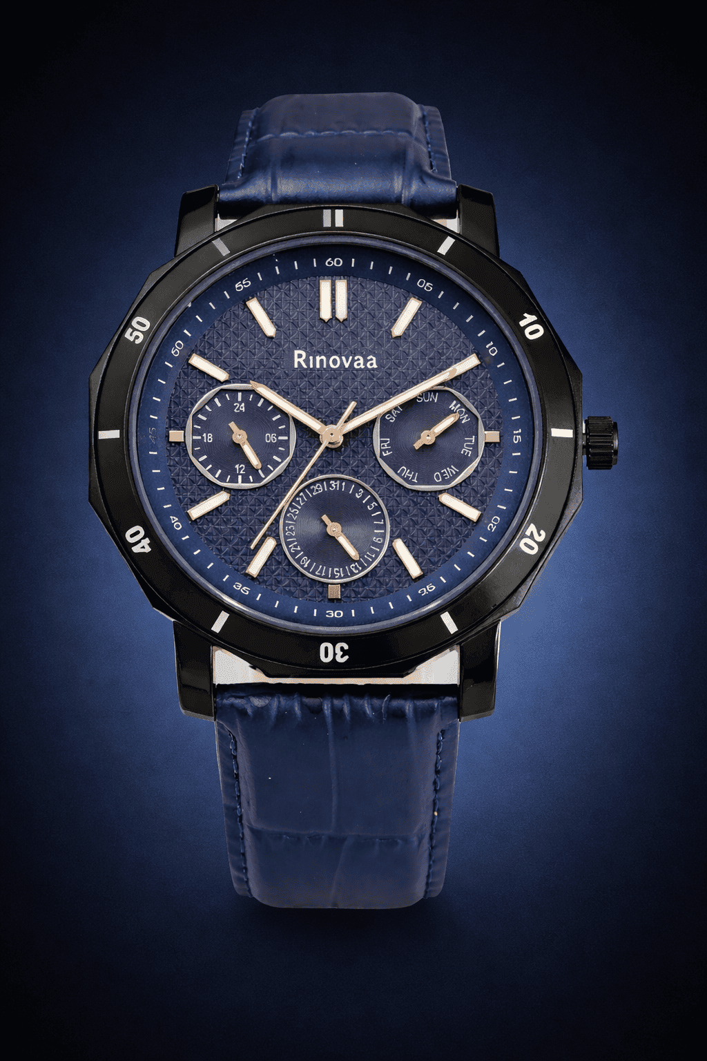 Men’s Analog Multifunction Watch | Blue Textured Dial with Day, Date & 24-Hour Sub-Dials | Black Case with Blue Leather Strap 6