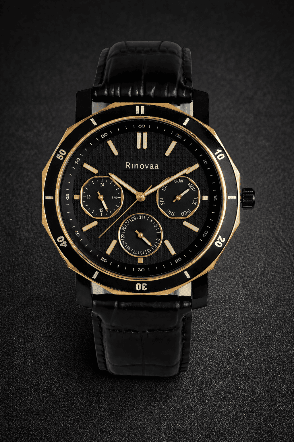 Men’s Analog Multifunction Watch | Black Textured Dial with Day, Date & 24-Hour Display | Rosegold Bezel & Black Leather Strap 2