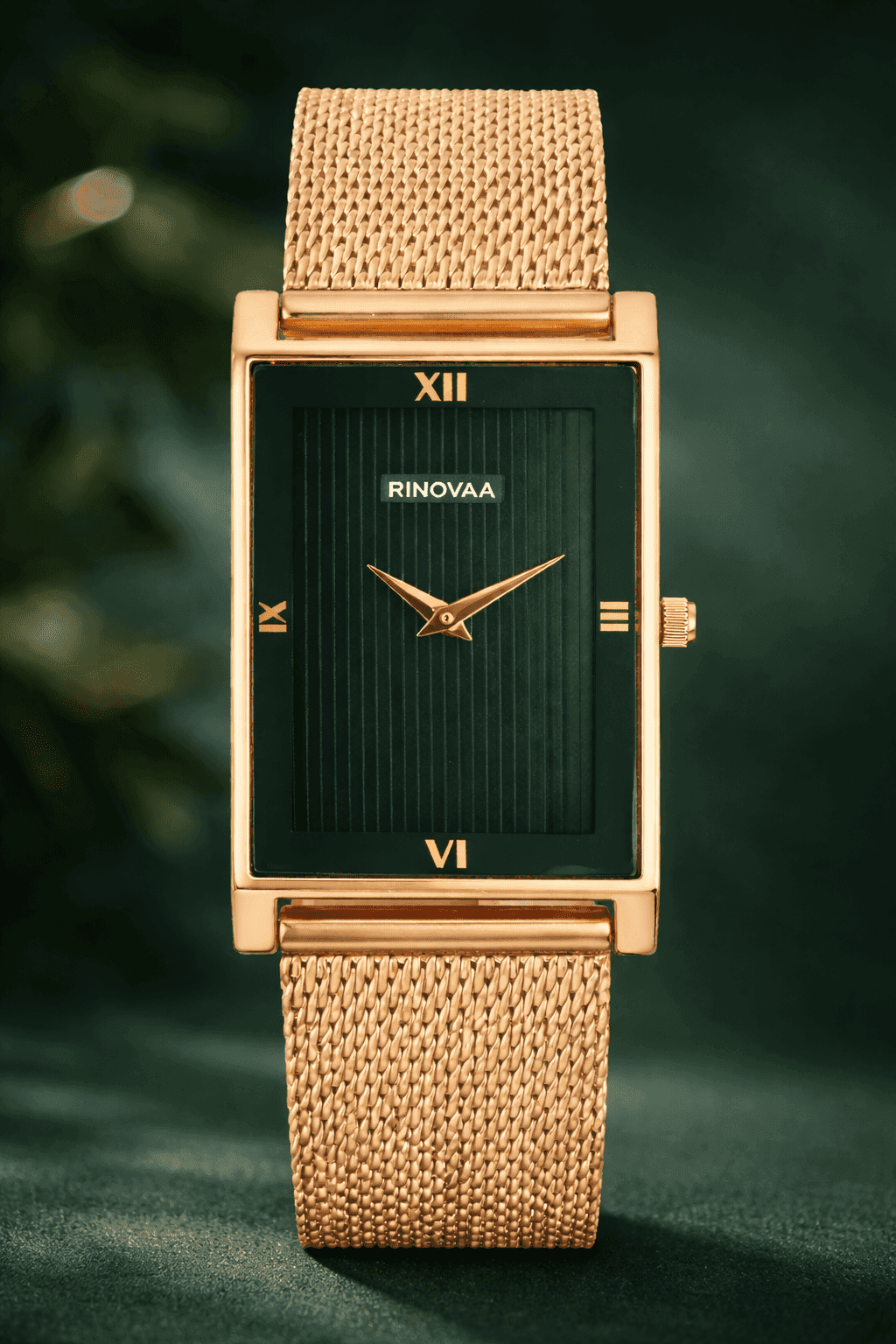 Men’s Rose Gold Rectangular Analog Watch | Green Textured Dial | Stainless Steel Mesh Bracelet | Premium Quartz Watch for Men 4