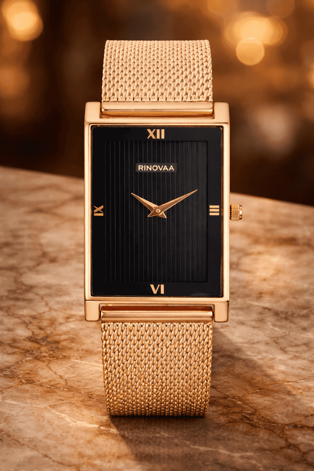 Men’s Rose Gold Rectangular Analog Watch | Black Textured Dial | Stainless Steel Mesh Bracelet | Premium Quartz Watch for Men 2