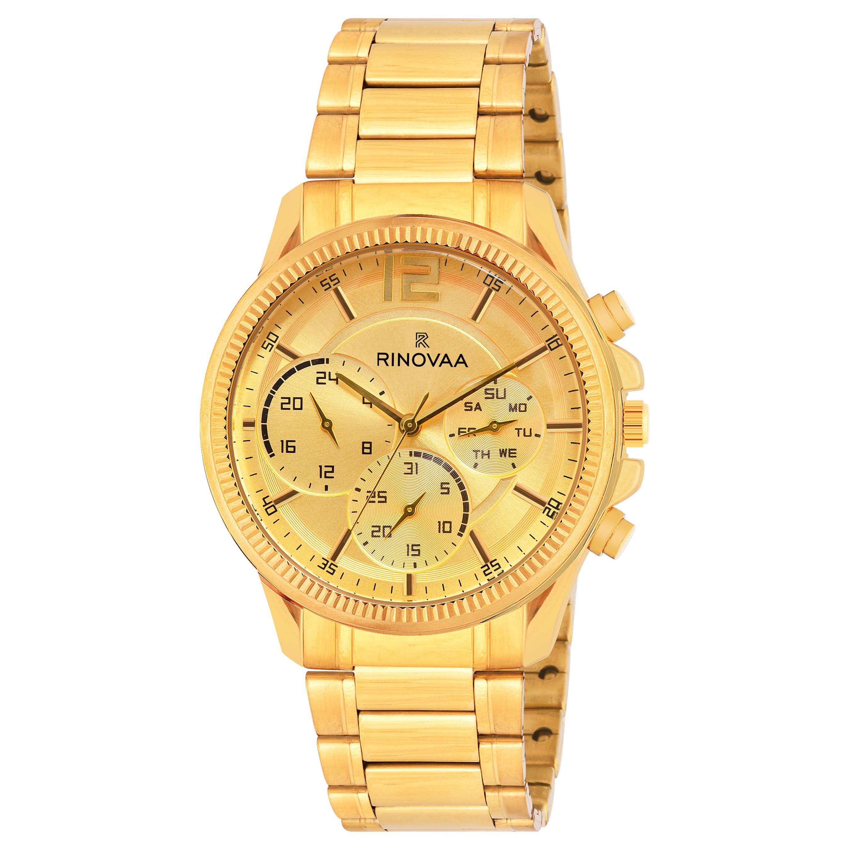 Men’s Full Gold Stainless Steel Multi-Function Analog Wrist Watch Gents 1