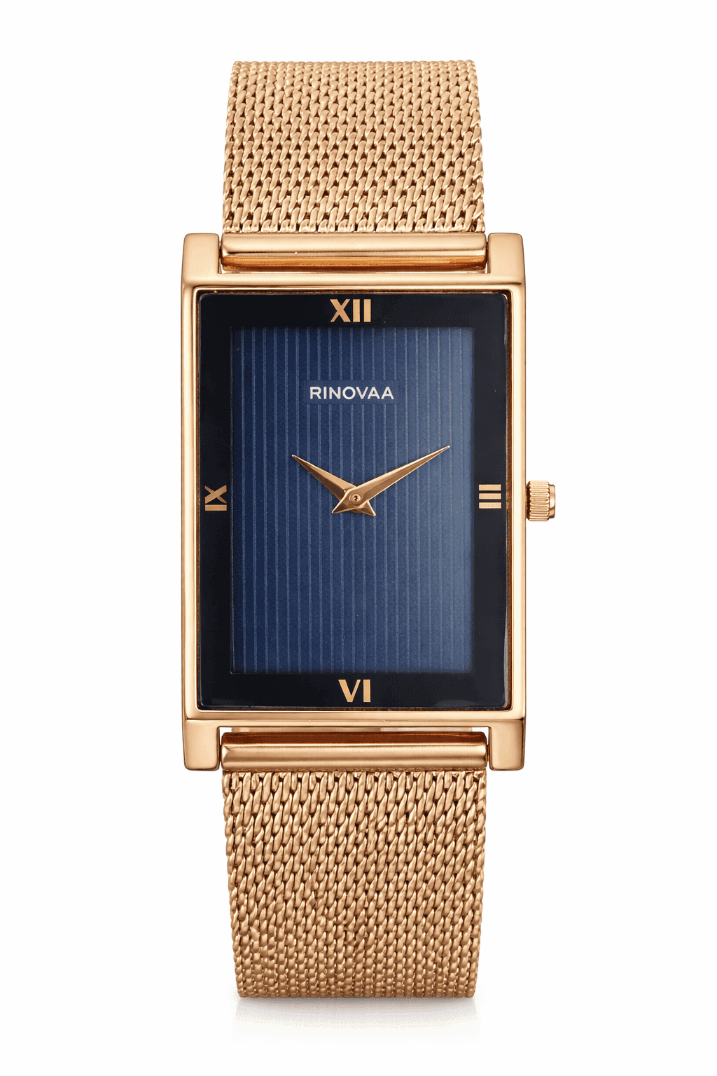 Men’s Rose Gold Rectangular Analog Watch | Blue Textured Dial | Stainless Steel Mesh Bracelet | Premium Quartz Watch for Men 1