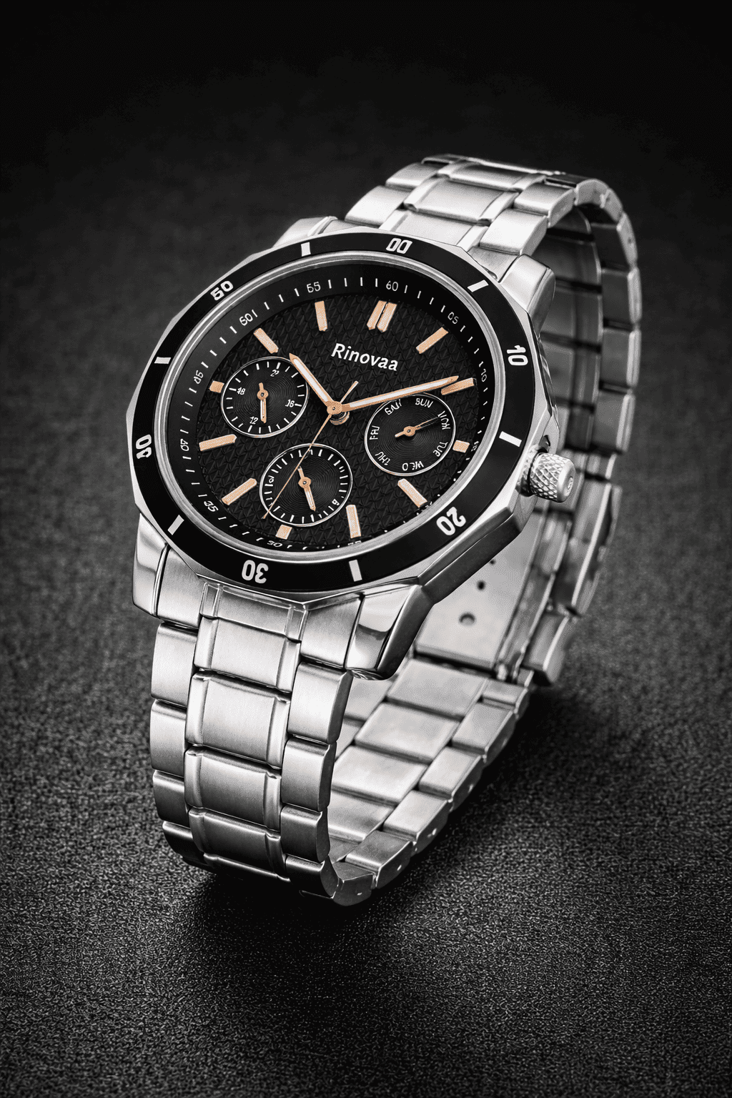 Men’s Analog Watch with Stainless Steel Bracelet | Black Textured Dial with Rose Gold Hands | Multifunction Sub-Dials | Stylish Casual & Formal Wrist Watch for Men 2
