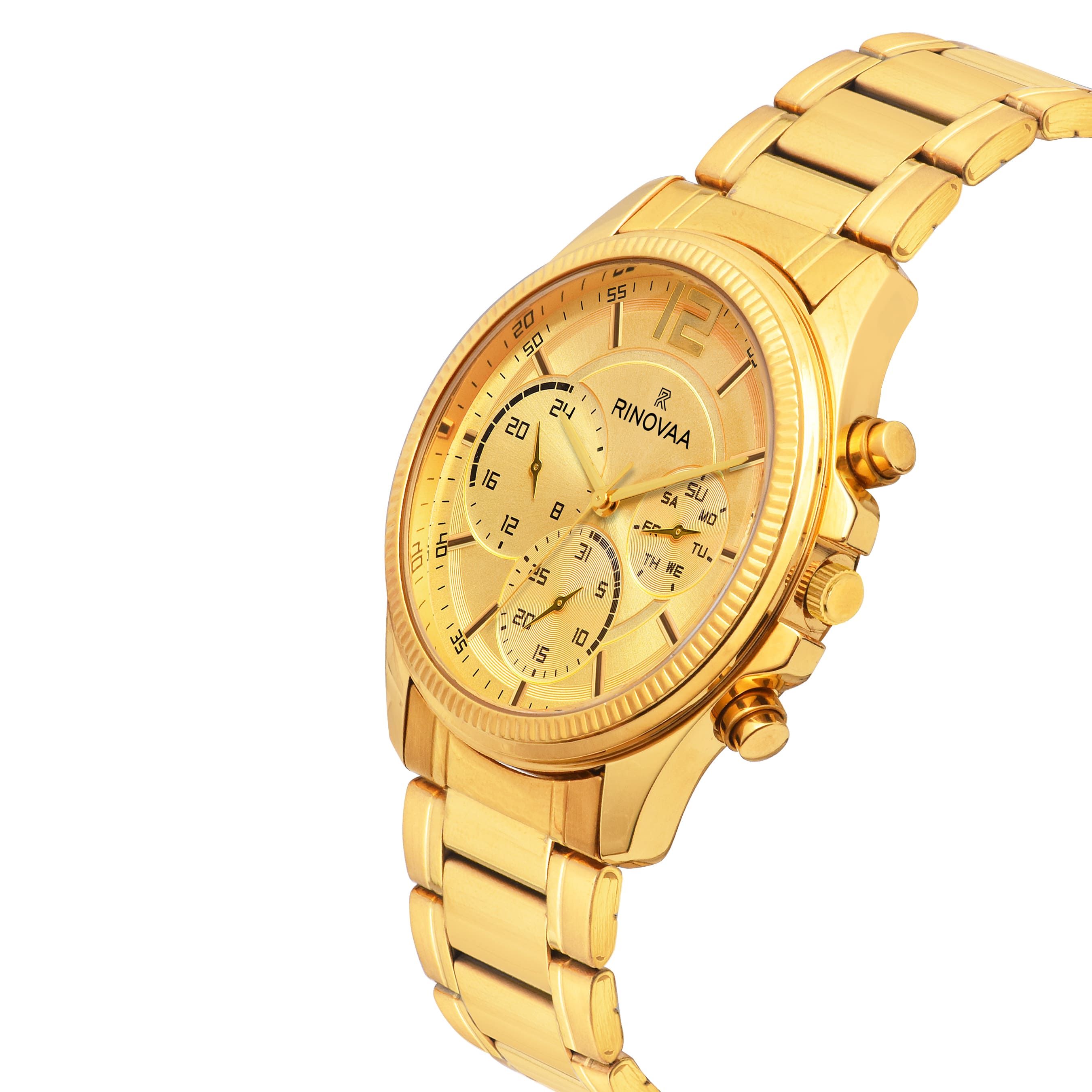 Men’s Full Gold Stainless Steel Multi-Function Analog Wrist Watch Gents 2