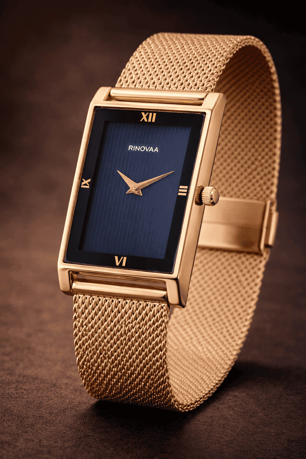 Men’s Rose Gold Rectangular Analog Watch | Blue Textured Dial | Stainless Steel Mesh Bracelet | Premium Quartz Watch for Men 2