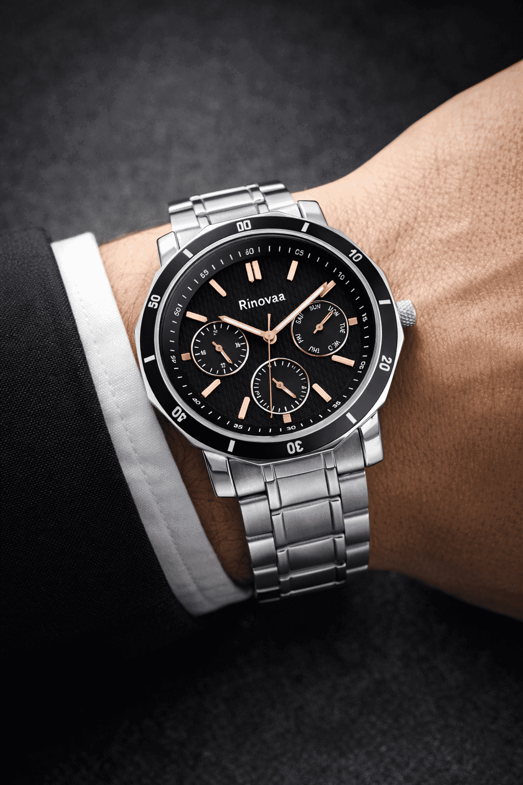 Men’s Analog Watch with Stainless Steel Bracelet | Black Textured Dial with Rose Gold Hands | Multifunction Sub-Dials | Stylish Casual & Formal Wrist Watch for Men 3