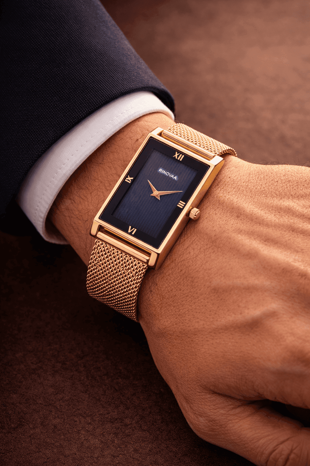 Men’s Rose Gold Rectangular Analog Watch | Blue Textured Dial | Stainless Steel Mesh Bracelet | Premium Quartz Watch for Men 6