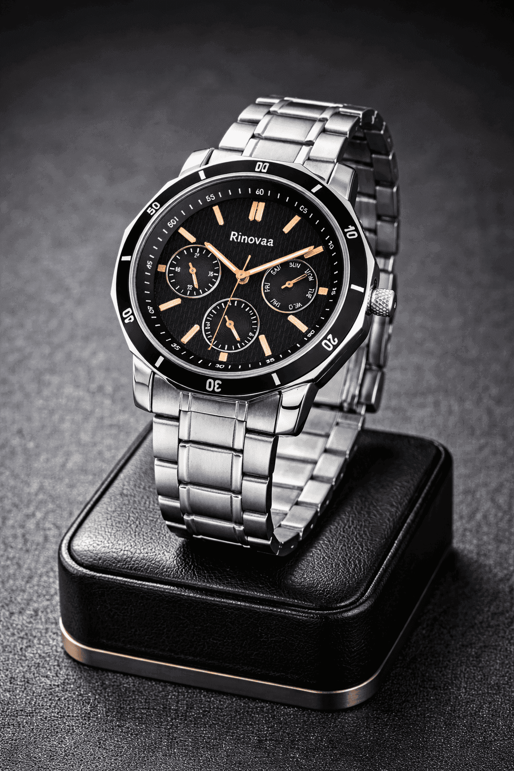Men’s Analog Watch with Stainless Steel Bracelet | Black Textured Dial with Rose Gold Hands | Multifunction Sub-Dials | Stylish Casual & Formal Wrist Watch for Men 4