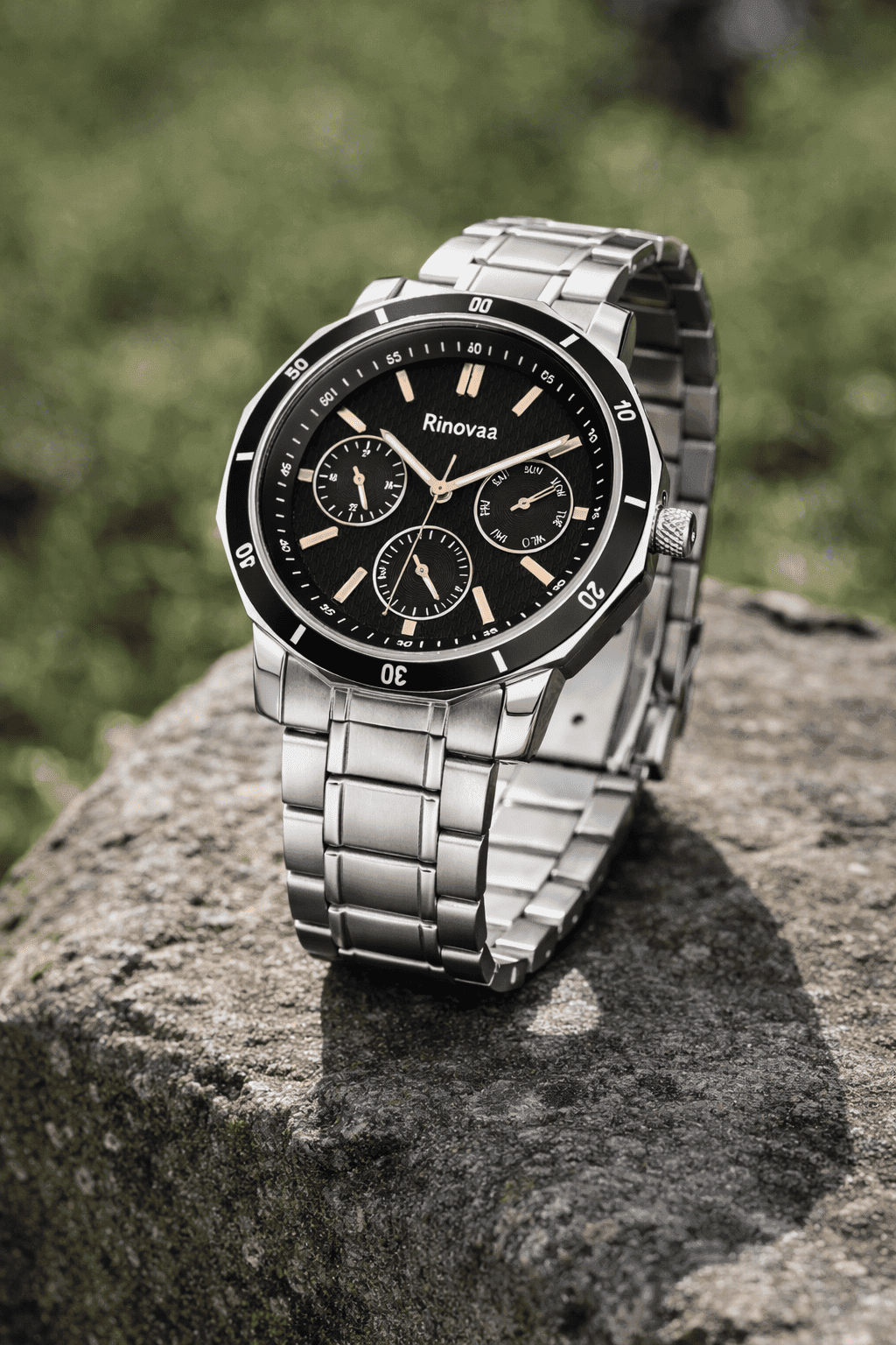 Men’s Analog Watch with Stainless Steel Bracelet | Black Textured Dial with Rose Gold Hands | Multifunction Sub-Dials | Stylish Casual & Formal Wrist Watch for Men 5
