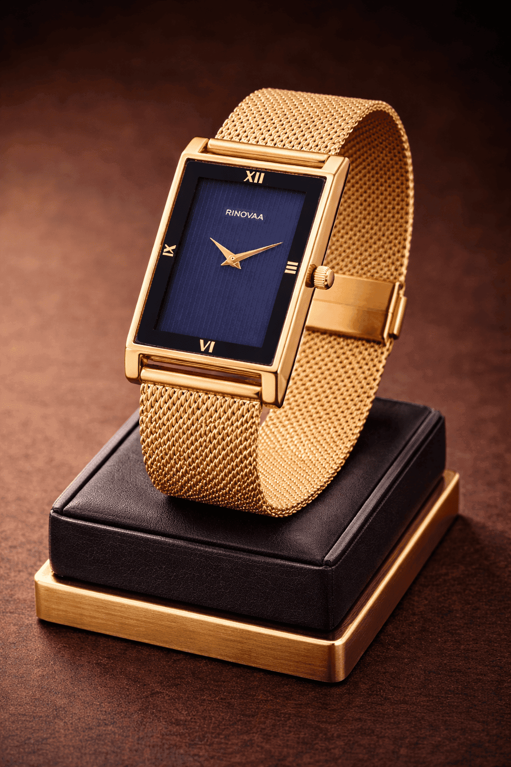 Men’s Rose Gold Rectangular Analog Watch | Blue Textured Dial | Stainless Steel Mesh Bracelet | Premium Quartz Watch for Men 4