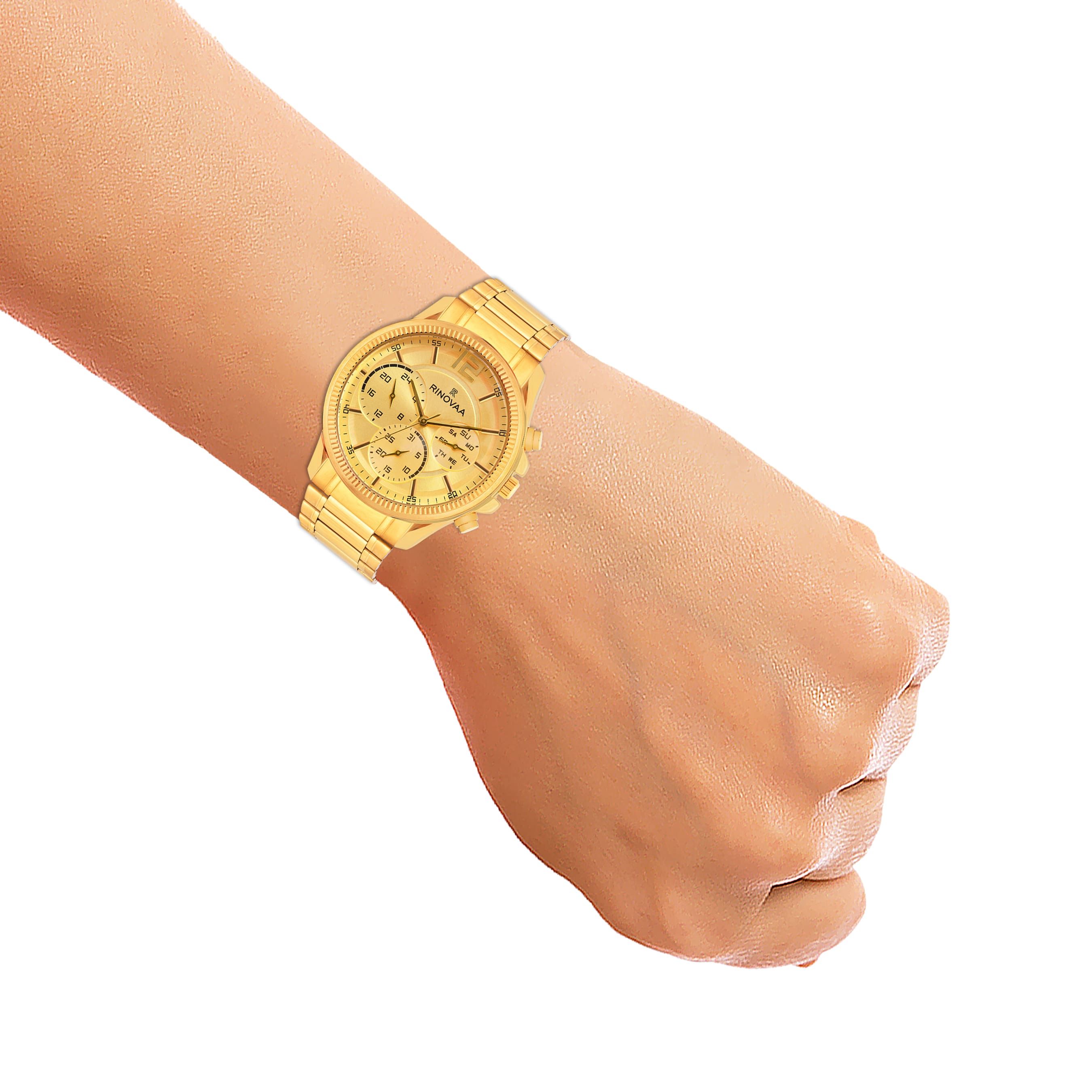 Men’s Full Gold Stainless Steel Multi-Function Analog Wrist Watch Gents 5