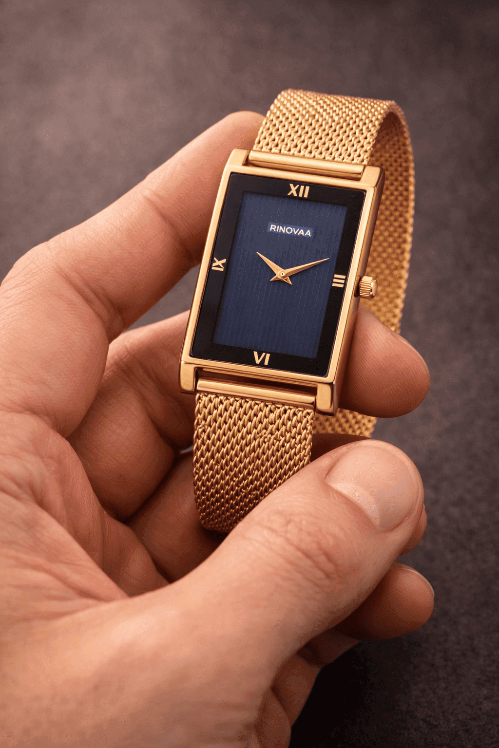Men’s Rose Gold Rectangular Analog Watch | Blue Textured Dial | Stainless Steel Mesh Bracelet | Premium Quartz Watch for Men 3