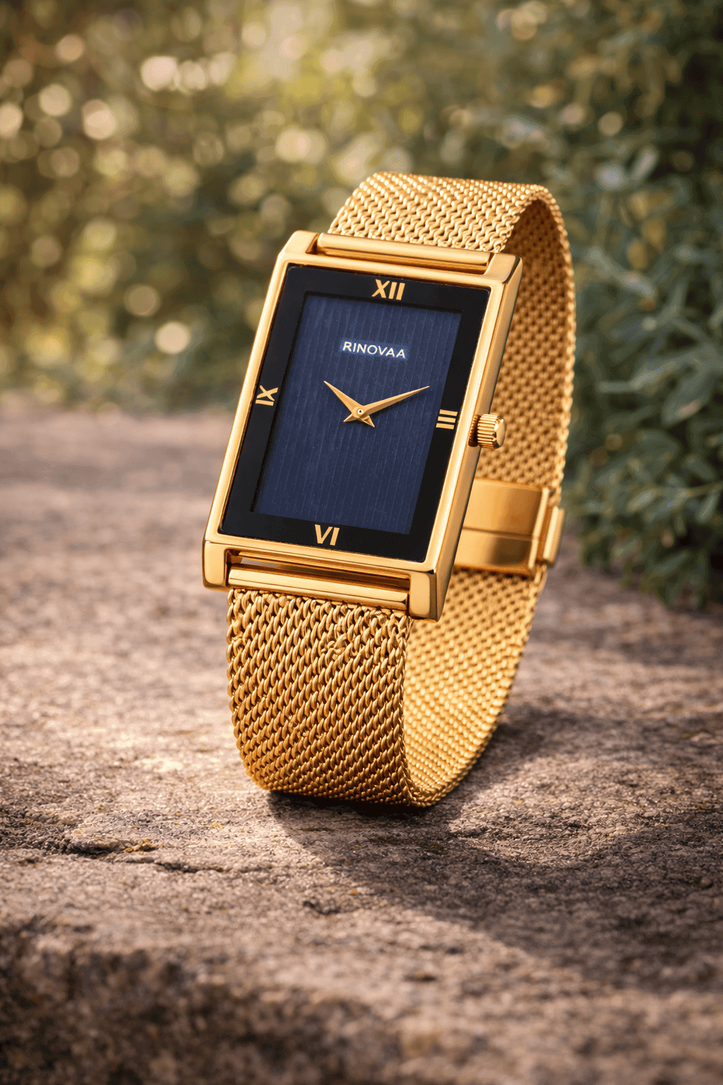 Men’s Rose Gold Rectangular Analog Watch | Blue Textured Dial | Stainless Steel Mesh Bracelet | Premium Quartz Watch for Men 5