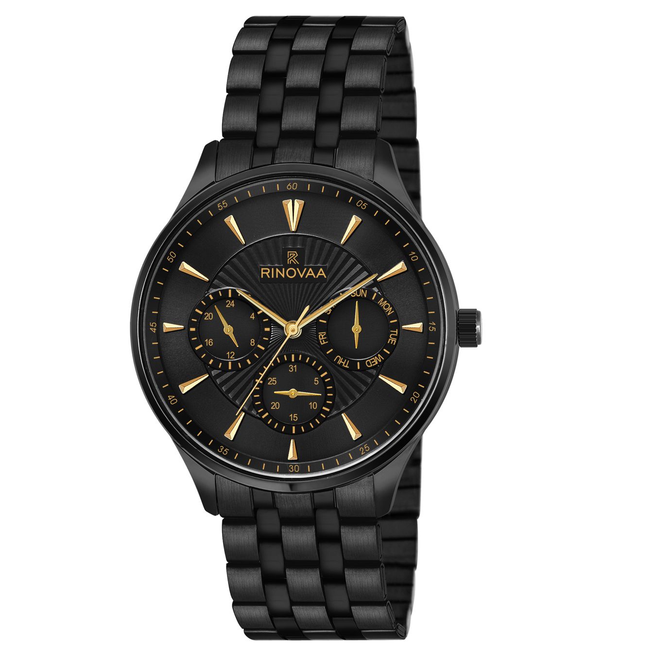 Premium Men’s Analog Watch – Black Dial, Gold Index & Metal Strap