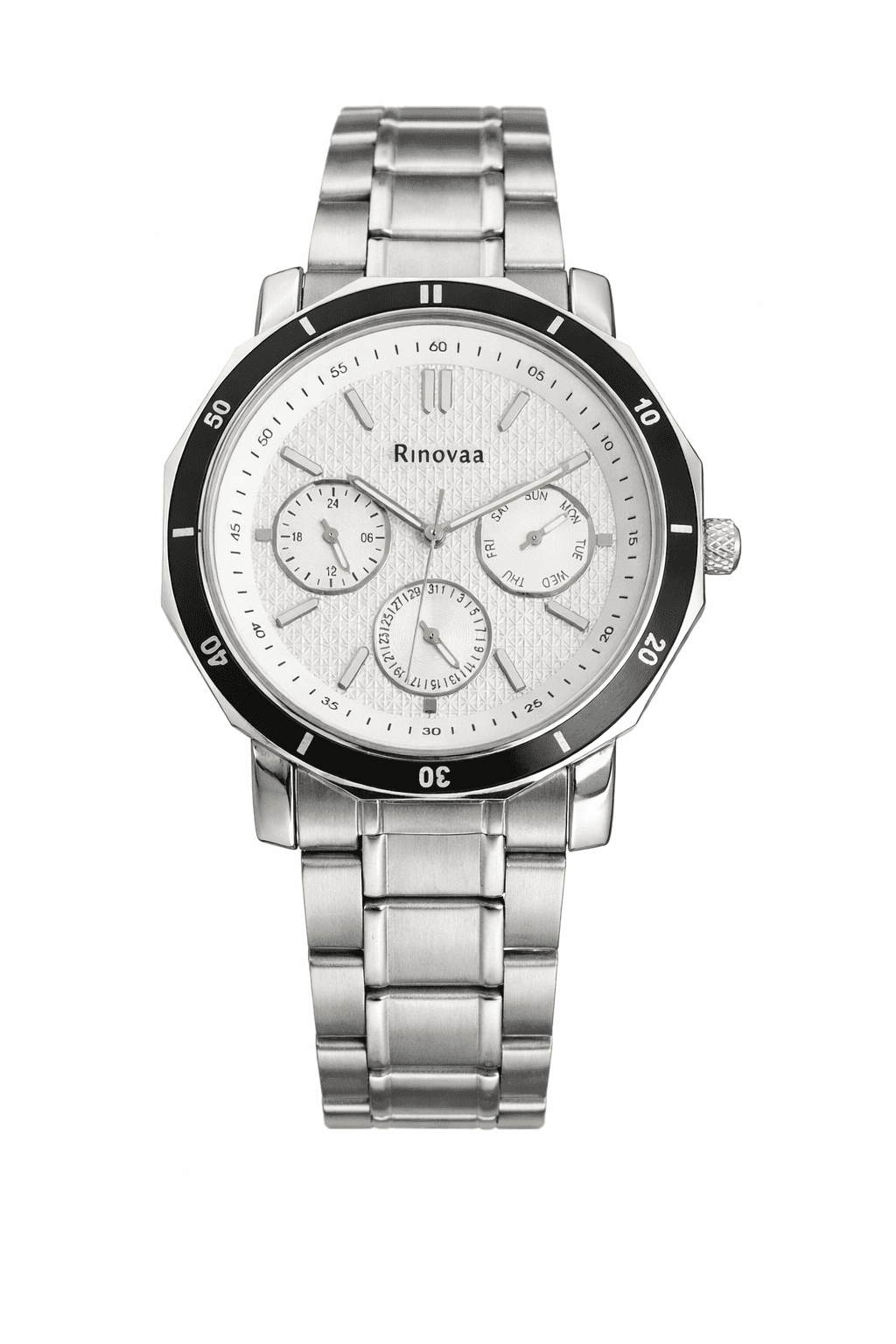 Men’s Multifunction Analog Watch | Silver Stainless Steel Strap | White Textured Dial with Black Bezel | Day, Date & 24-Hour Display 1