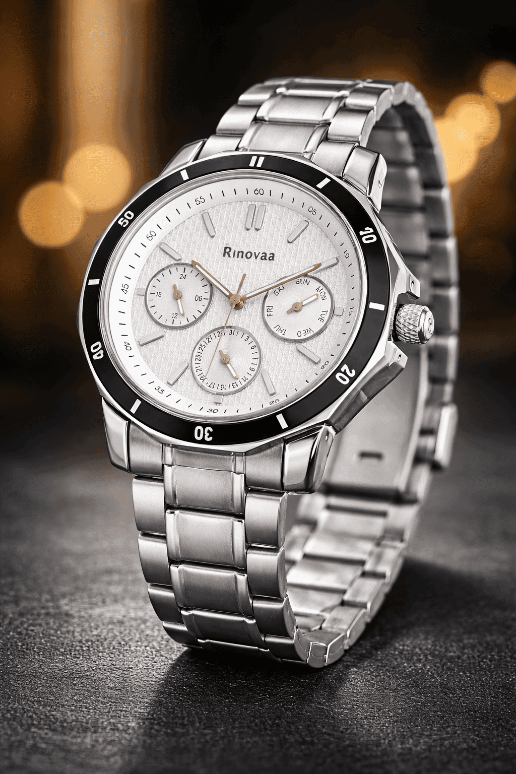 Men’s Multifunction Analog Watch | Silver Stainless Steel Strap | White Textured Dial with Black Bezel | Day, Date & 24-Hour Display 4