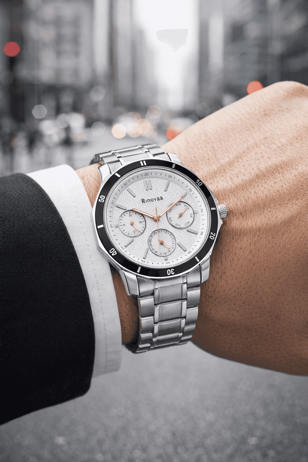 Men’s Multifunction Analog Watch | Silver Stainless Steel Strap | White Textured Dial with Black Bezel | Day, Date & 24-Hour Display 3