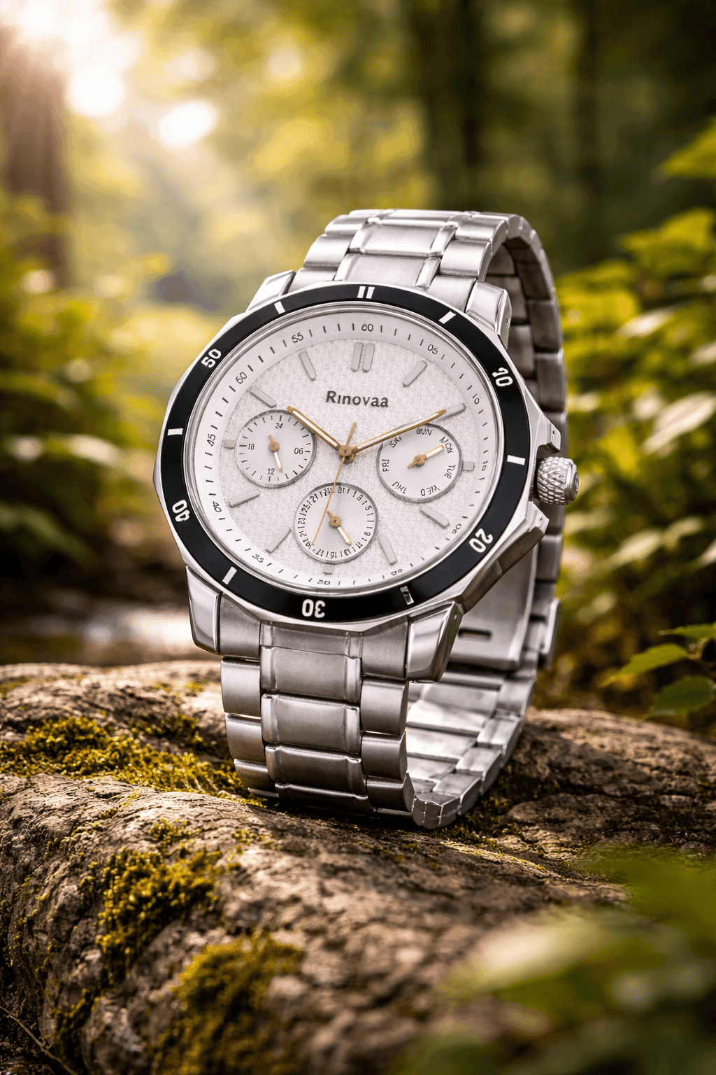 Men’s Multifunction Analog Watch | Silver Stainless Steel Strap | White Textured Dial with Black Bezel | Day, Date & 24-Hour Display 6