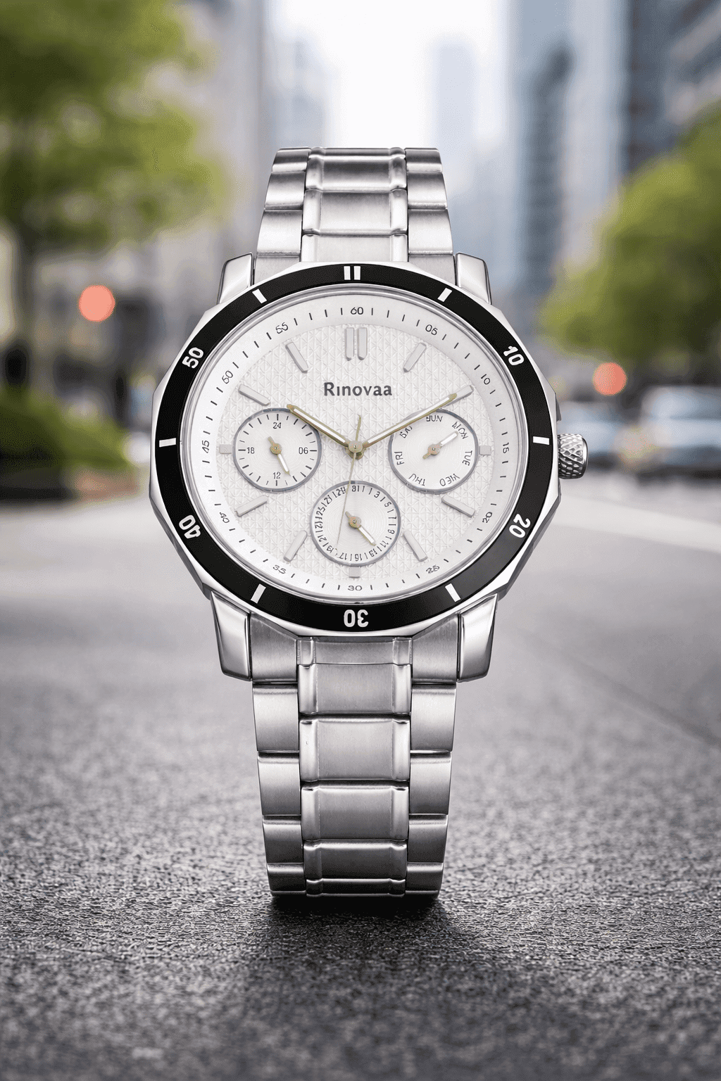 Men’s Multifunction Analog Watch | Silver Stainless Steel Strap | White Textured Dial with Black Bezel | Day, Date & 24-Hour Display 5