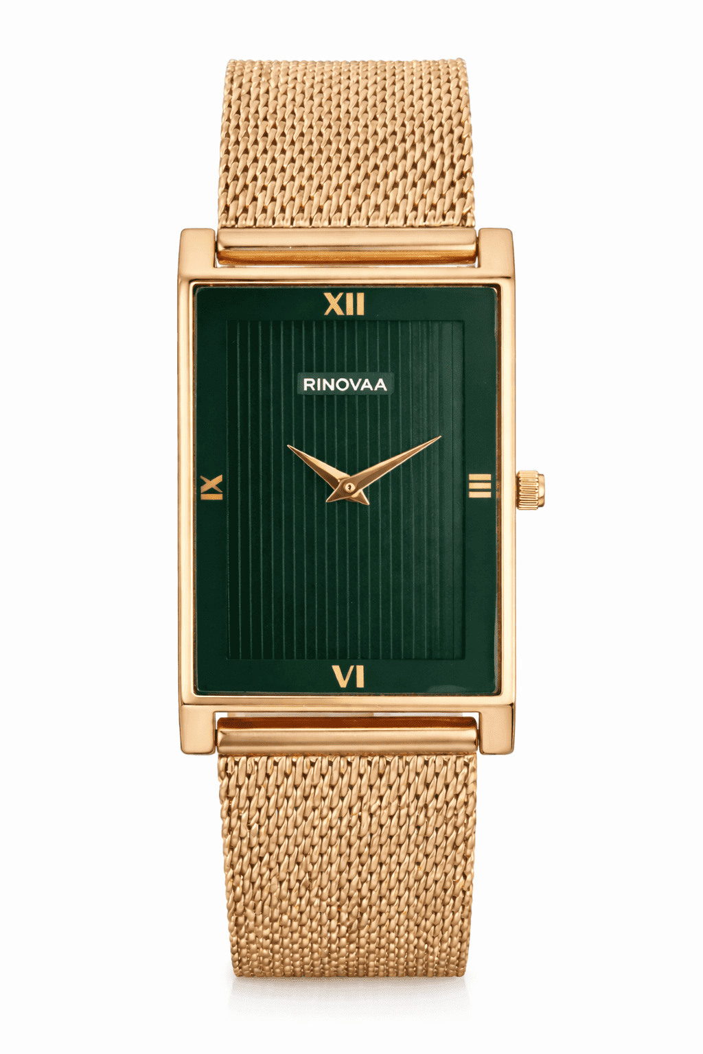 Men’s Rose Gold Rectangular Analog Watch | Green Textured Dial | Stainless Steel Mesh Bracelet | Premium Quartz Watch for Men 1