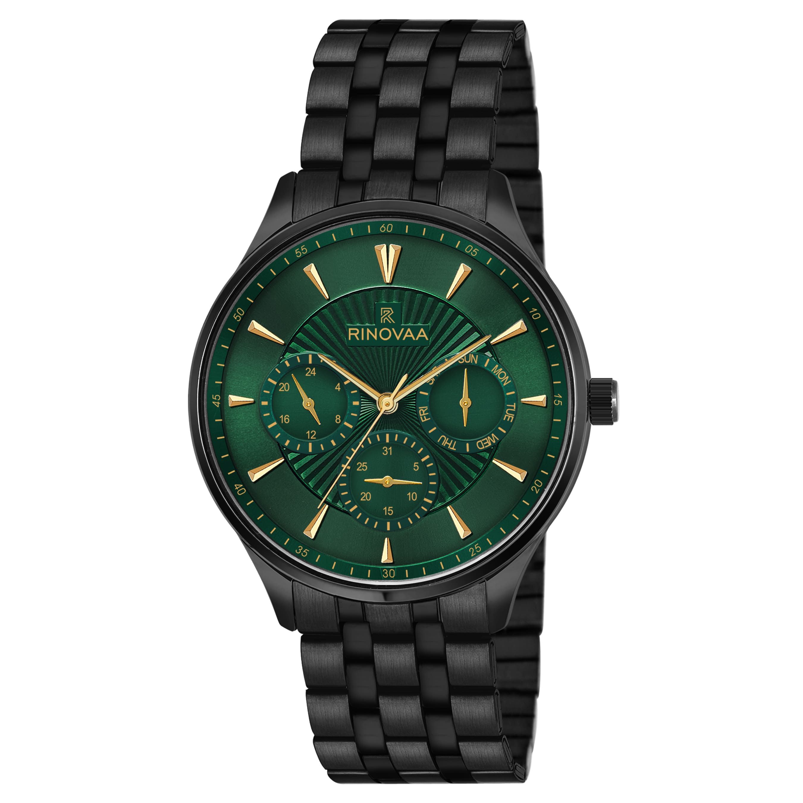 Premium Men’s Analog Watch – Green Dial, Gold Index & Metal Strap