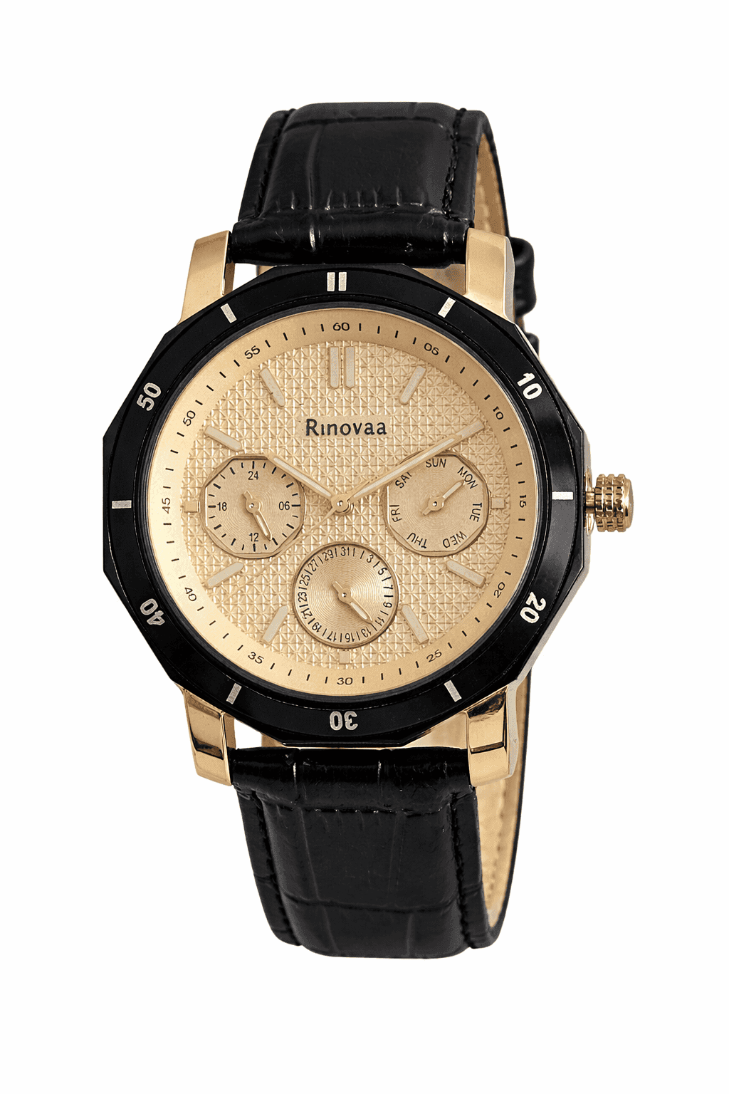 Men’s Multifunction Analog Watch | Black Leather Strap & Gold Dial | Day, Date & 24-Hour Display | Stylish Formal Watch for Men 1