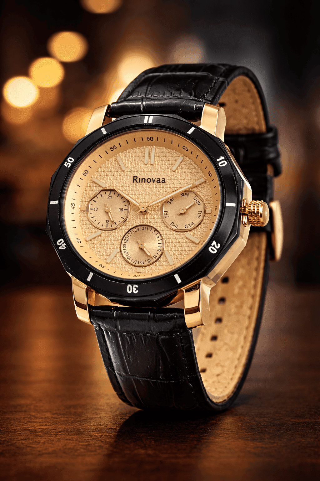 Men’s Multifunction Analog Watch | Black Leather Strap & Gold Dial | Day, Date & 24-Hour Display | Stylish Formal Watch for Men 4