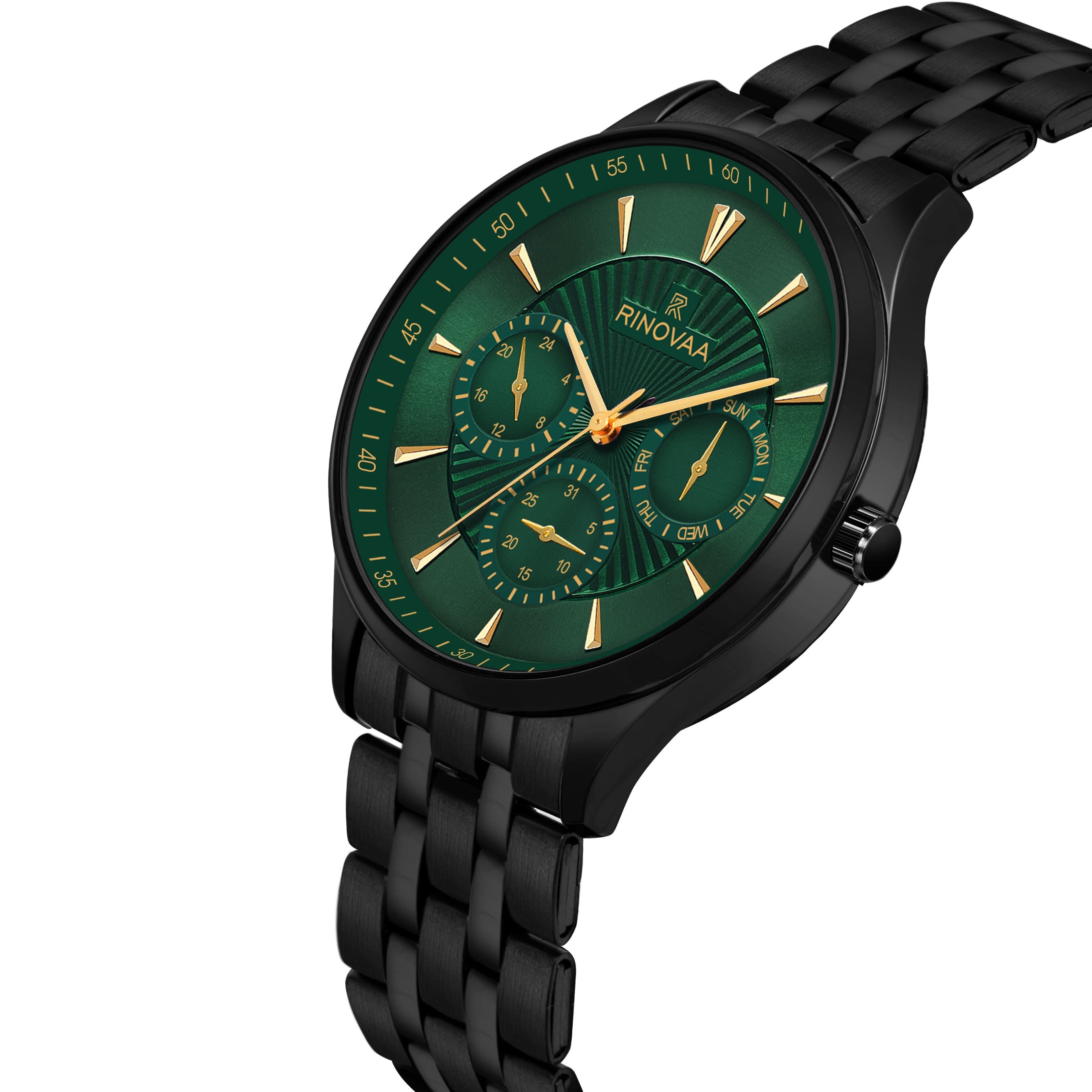 Premium Men’s Analog Watch – Green Dial, Gold Index & Metal Strap 2