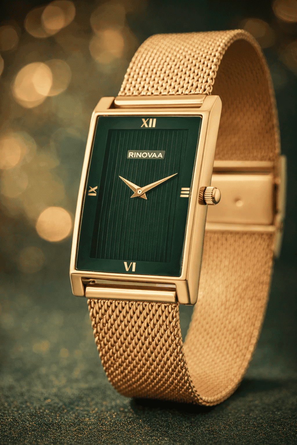 Men’s Rose Gold Rectangular Analog Watch | Green Textured Dial | Stainless Steel Mesh Bracelet | Premium Quartz Watch for Men 3