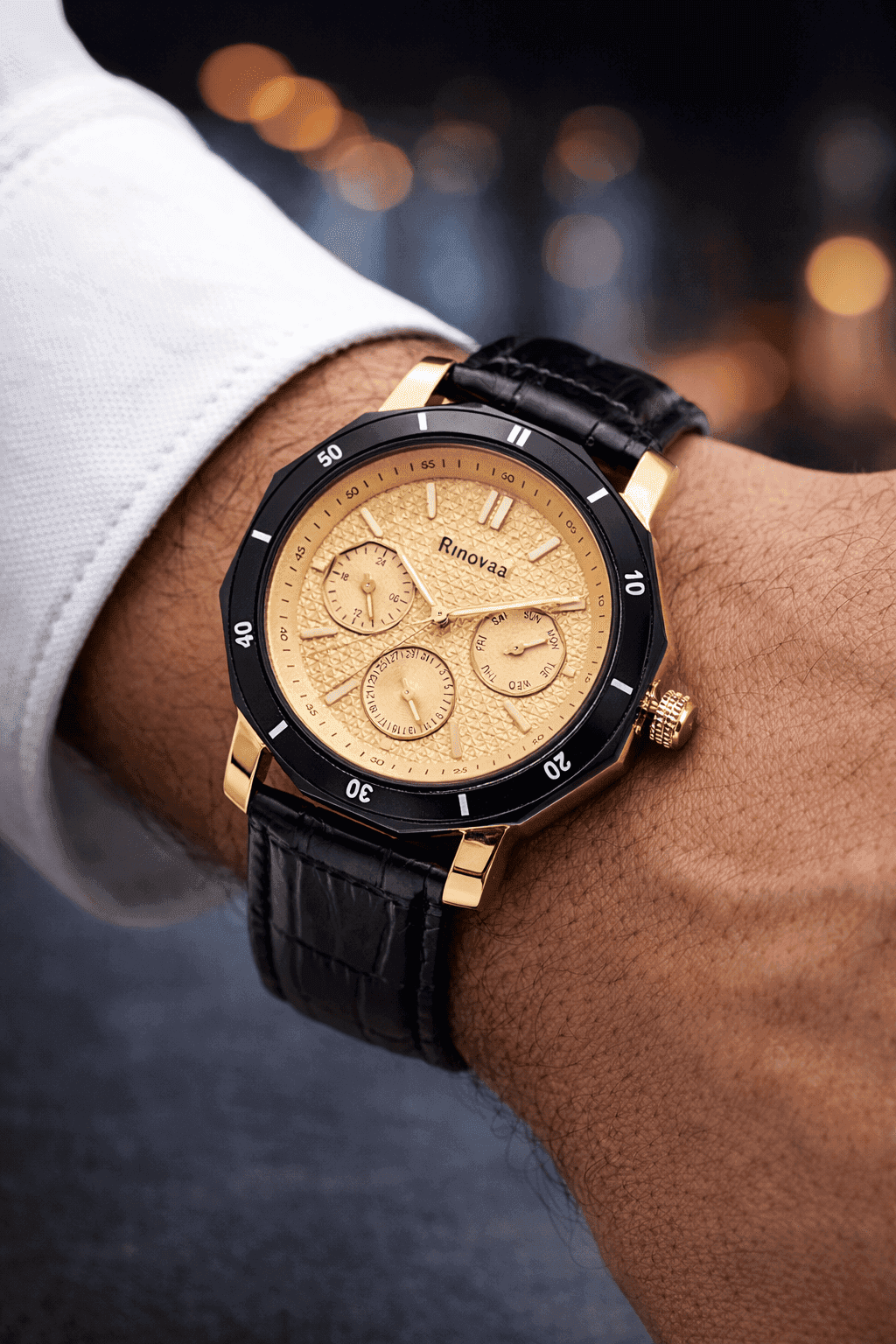 Men’s Multifunction Analog Watch | Black Leather Strap & Gold Dial | Day, Date & 24-Hour Display | Stylish Formal Watch for Men 3