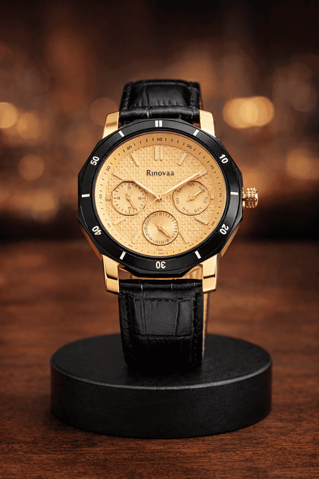 Men’s Multifunction Analog Watch | Black Leather Strap & Gold Dial | Day, Date & 24-Hour Display | Stylish Formal Watch for Men 2