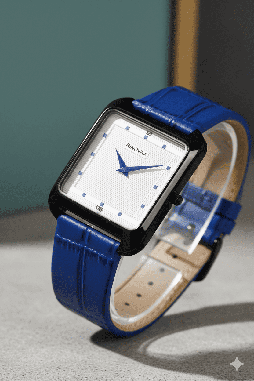 Premium Analog Men’s Watch | Square Case | Blue Leather Belt Blue and Black Case 4