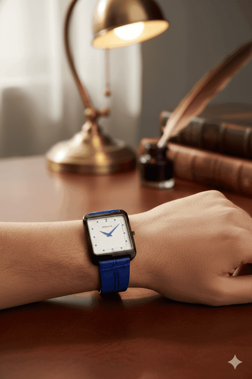 Premium Analog Men’s Watch | Square Case | Blue Leather Belt Blue and Black Case 5