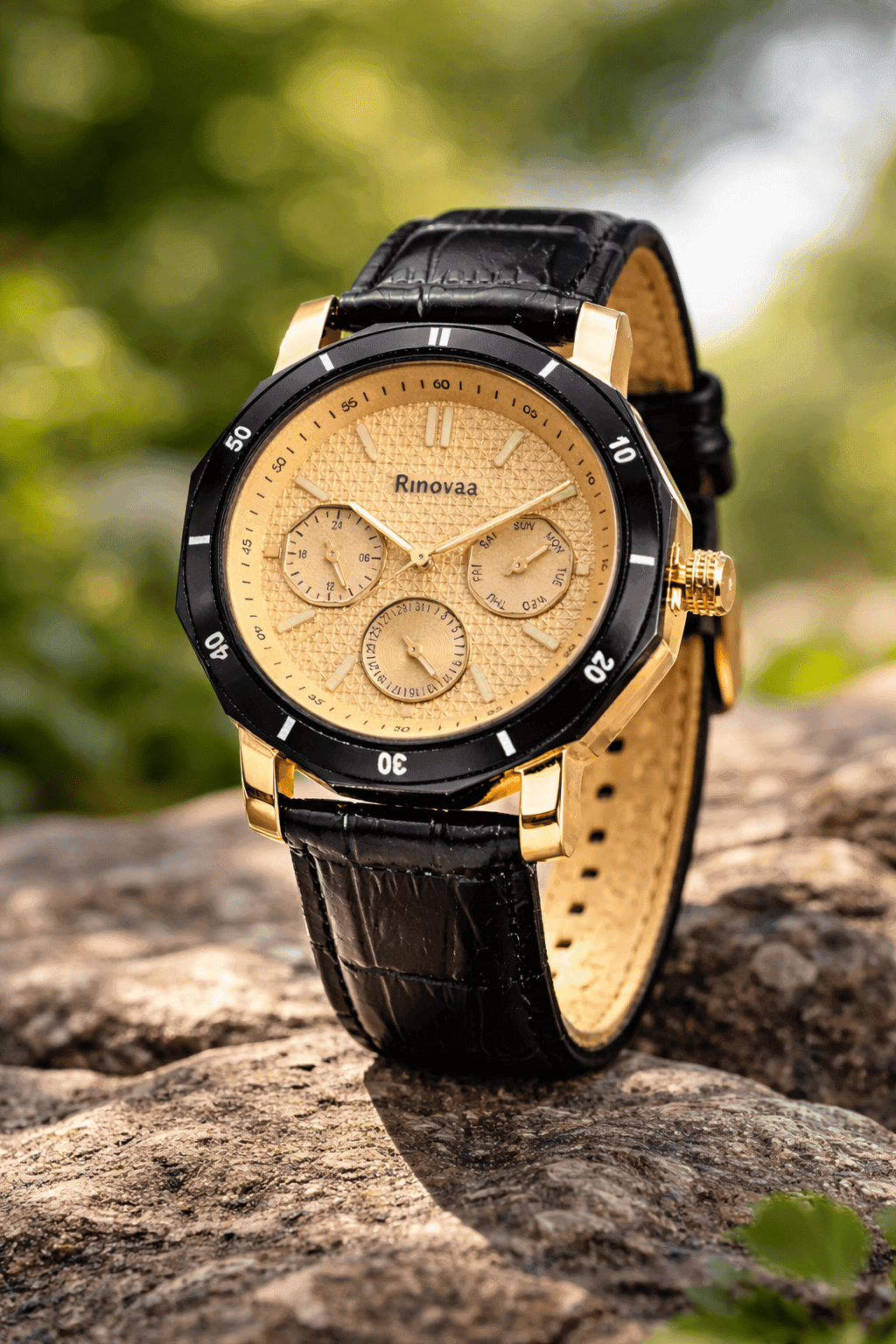 Men’s Multifunction Analog Watch | Black Leather Strap & Gold Dial | Day, Date & 24-Hour Display | Stylish Formal Watch for Men 6