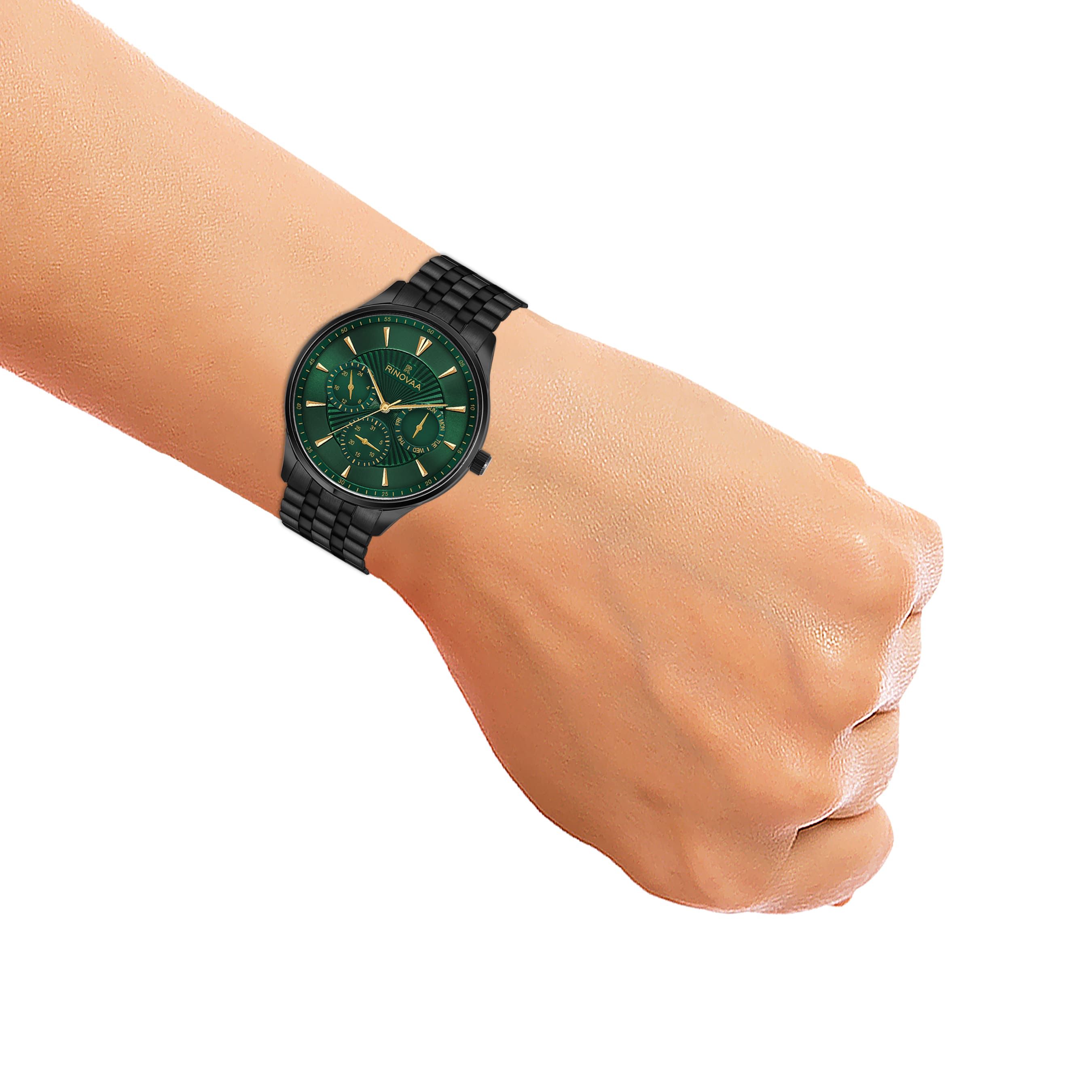 Premium Men’s Analog Watch – Green Dial, Gold Index & Metal Strap 5