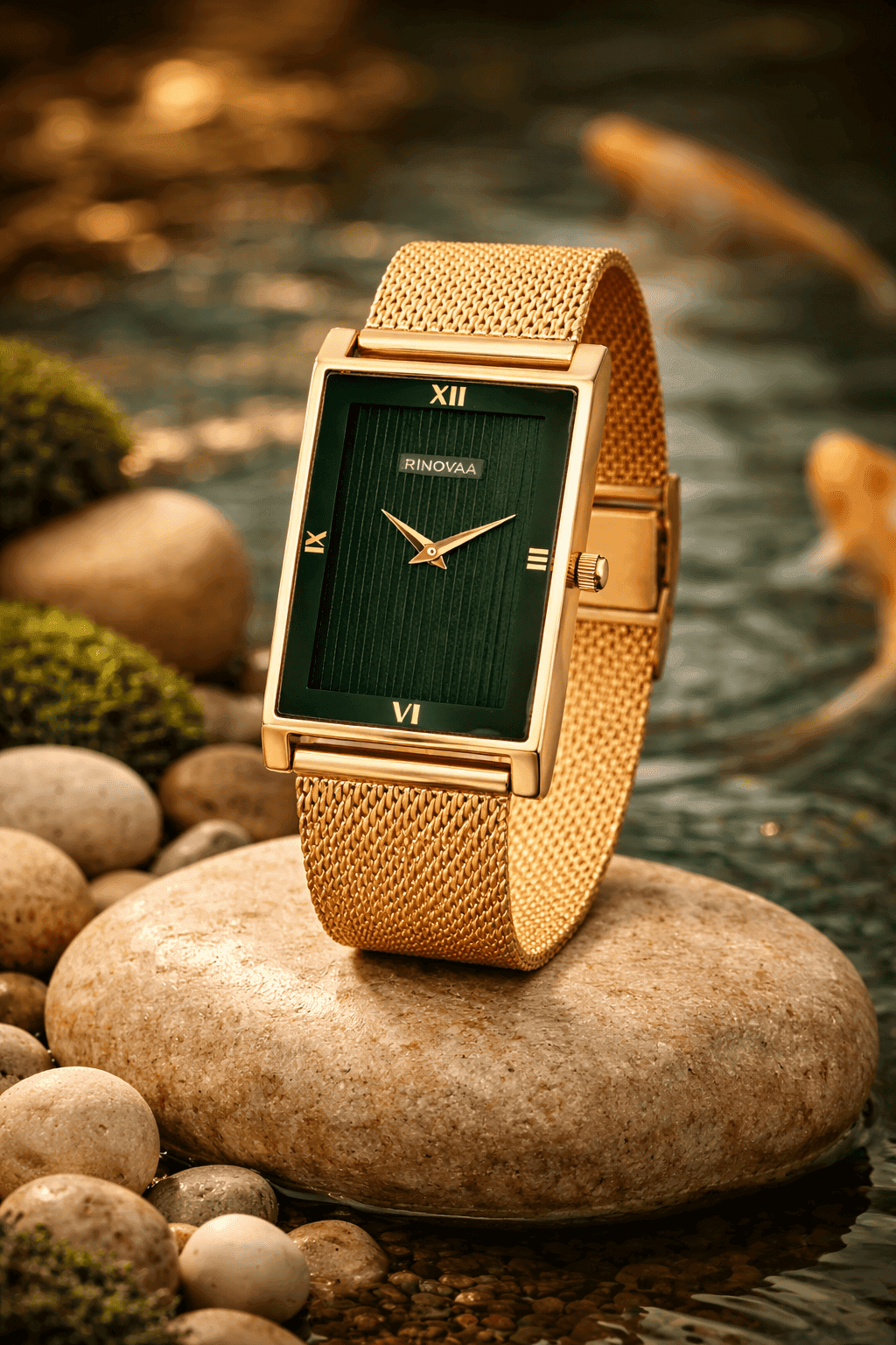 Men’s Rose Gold Rectangular Analog Watch | Green Textured Dial | Stainless Steel Mesh Bracelet | Premium Quartz Watch for Men 5