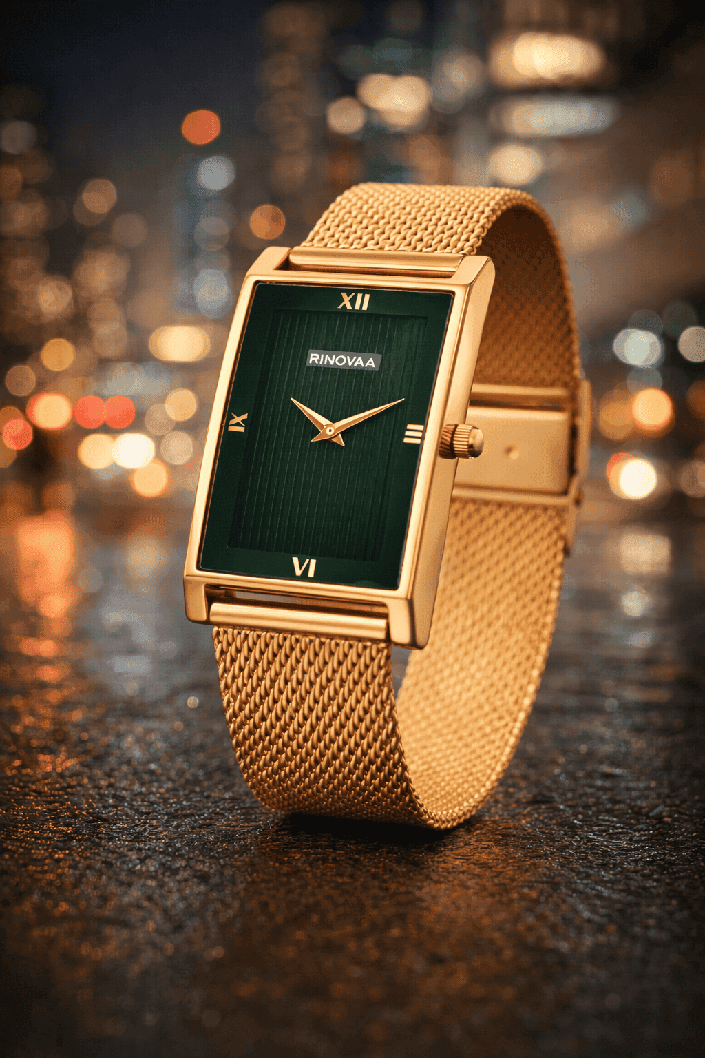 Men’s Rose Gold Rectangular Analog Watch | Green Textured Dial | Stainless Steel Mesh Bracelet | Premium Quartz Watch for Men 6
