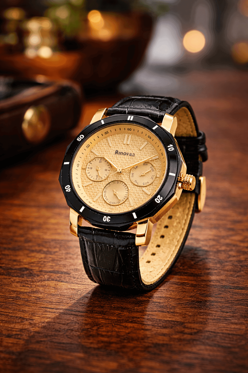 Men’s Multifunction Analog Watch | Black Leather Strap & Gold Dial | Day, Date & 24-Hour Display | Stylish Formal Watch for Men 5