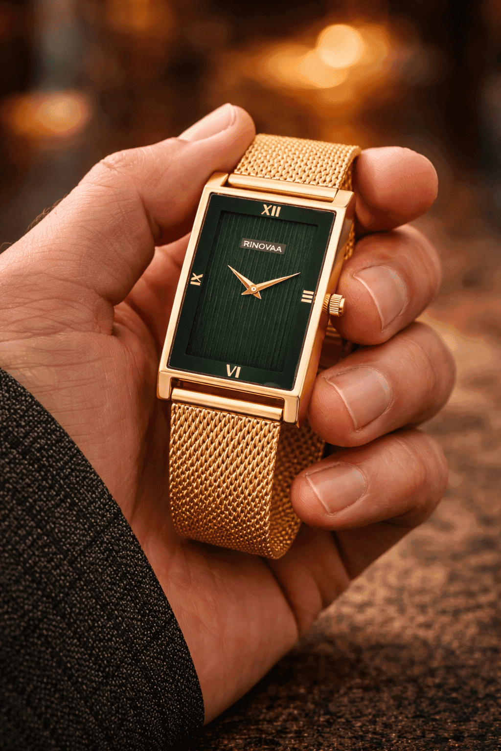 Men’s Rose Gold Rectangular Analog Watch | Green Textured Dial | Stainless Steel Mesh Bracelet | Premium Quartz Watch for Men 2