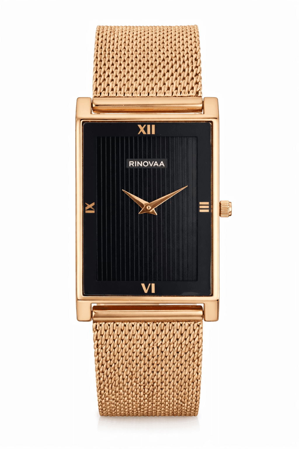 Men’s Rose Gold Rectangular Analog Watch | Black Textured Dial | Stainless Steel Mesh Bracelet | Premium Quartz Watch for Men 1