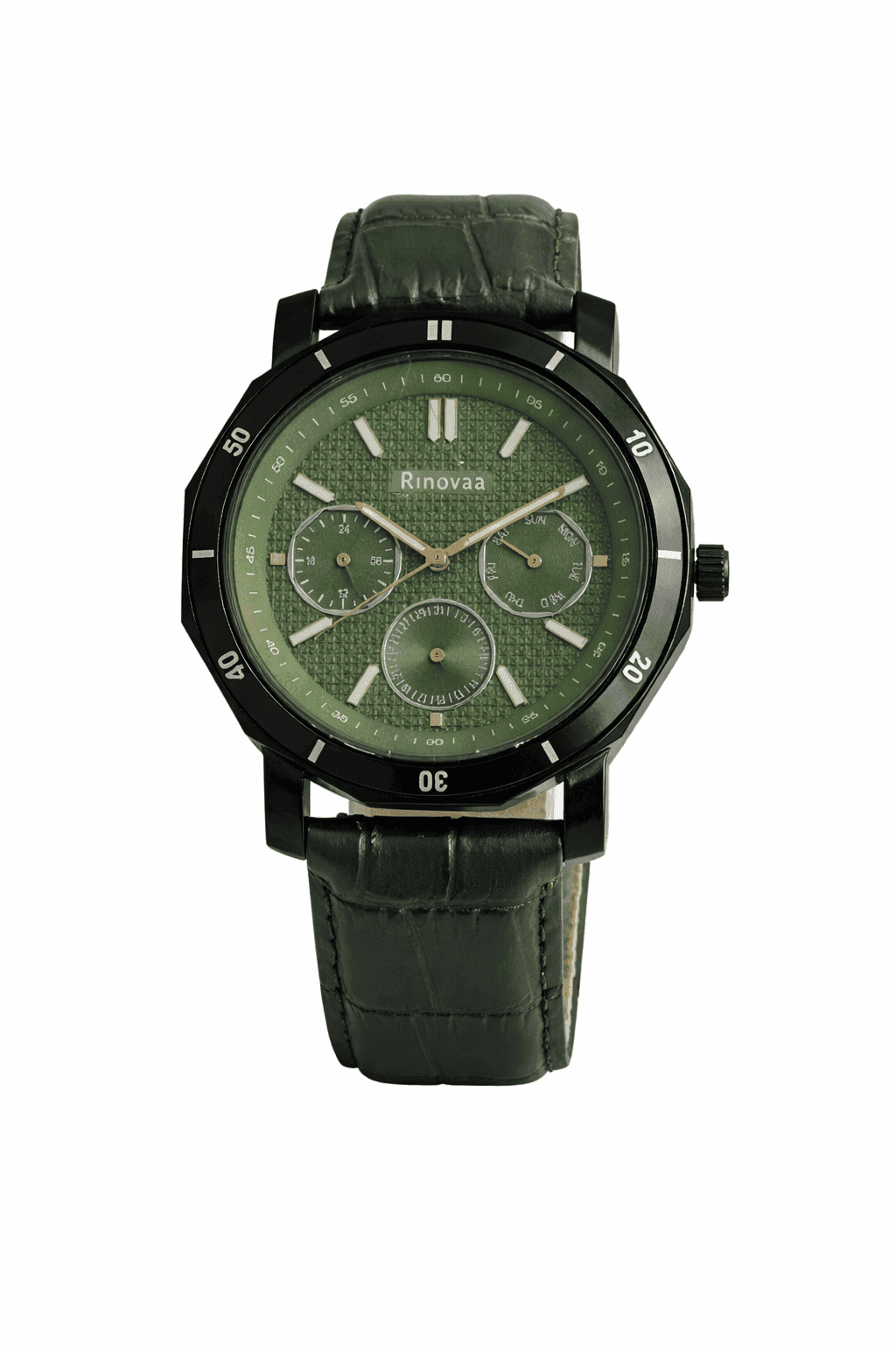 Men’s Analog Multifunction Watch | Green Textured Dial | Black Stainless Steel Case | Green Leather Strap | Stylish Casual & Formal Wrist Watch 1