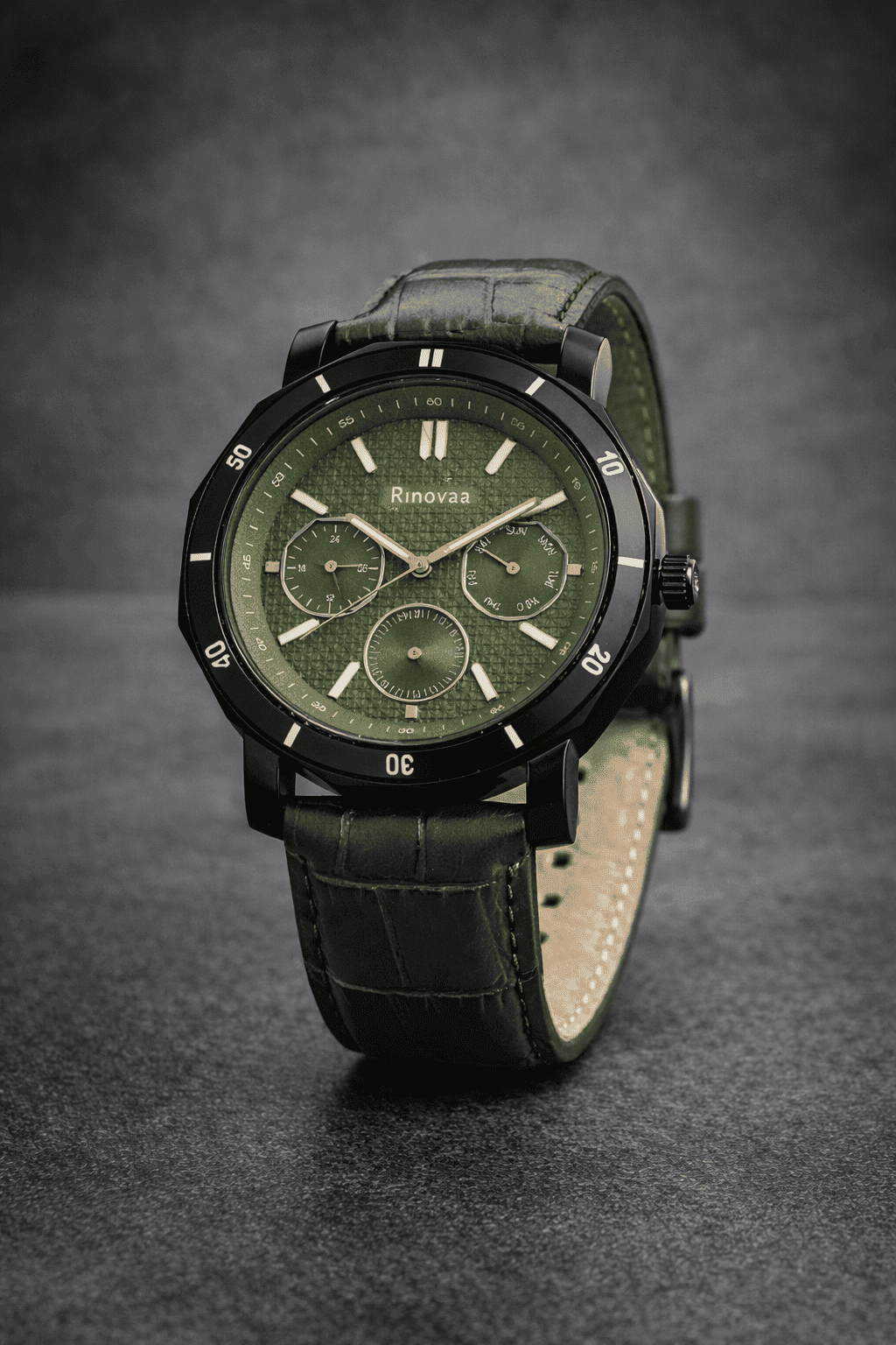 Men’s Analog Multifunction Watch | Green Textured Dial | Black Stainless Steel Case | Green Leather Strap | Stylish Casual & Formal Wrist Watch 4