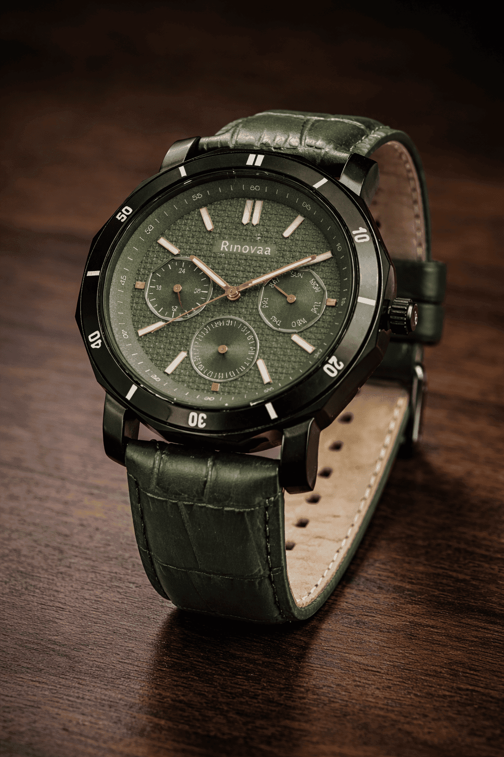 Men’s Analog Multifunction Watch | Green Textured Dial | Black Stainless Steel Case | Green Leather Strap | Stylish Casual & Formal Wrist Watch 3