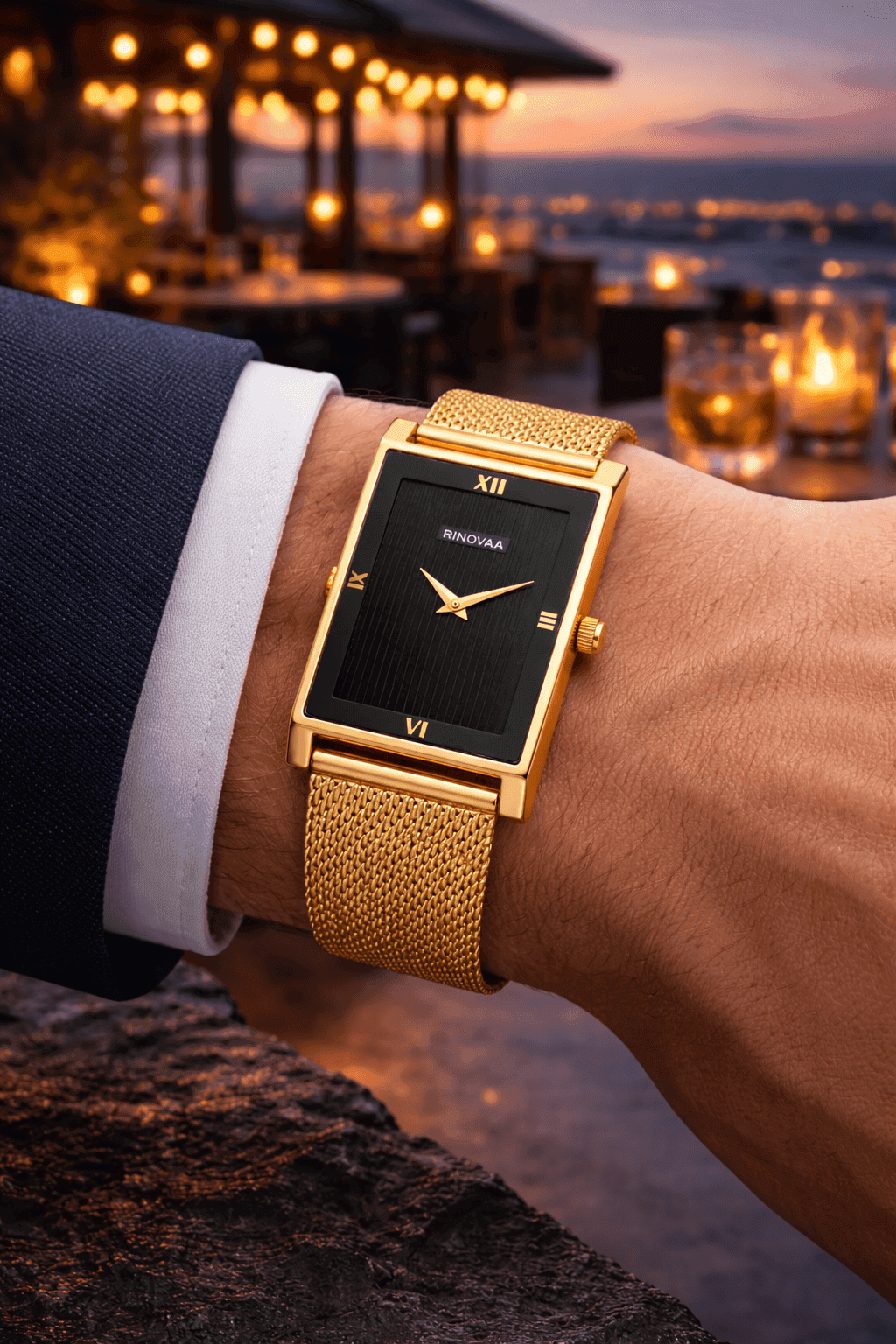 Men’s Rose Gold Rectangular Analog Watch | Black Textured Dial | Stainless Steel Mesh Bracelet | Premium Quartz Watch for Men 6