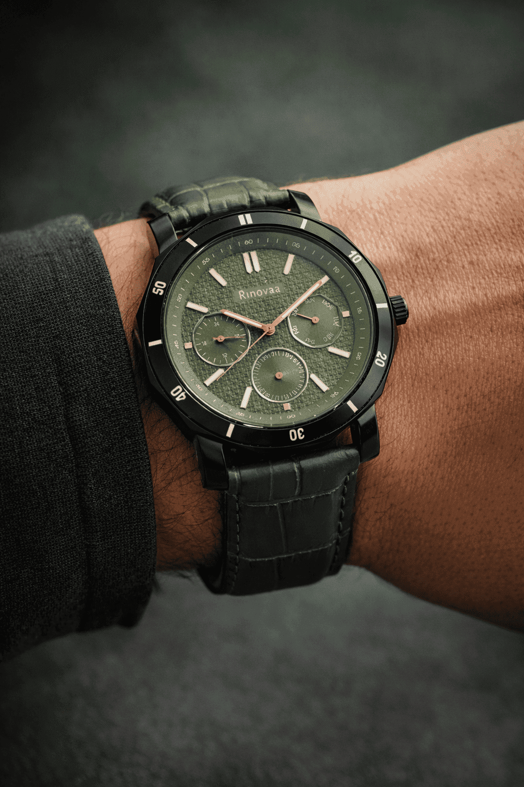 Men’s Analog Multifunction Watch | Green Textured Dial | Black Stainless Steel Case | Green Leather Strap | Stylish Casual & Formal Wrist Watch 2