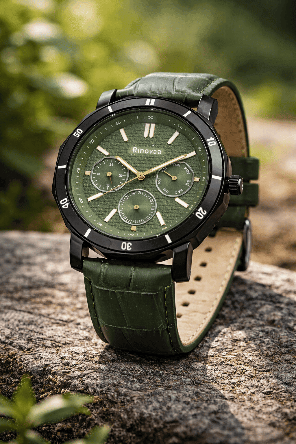 Men’s Analog Multifunction Watch | Green Textured Dial | Black Stainless Steel Case | Green Leather Strap | Stylish Casual & Formal Wrist Watch 6
