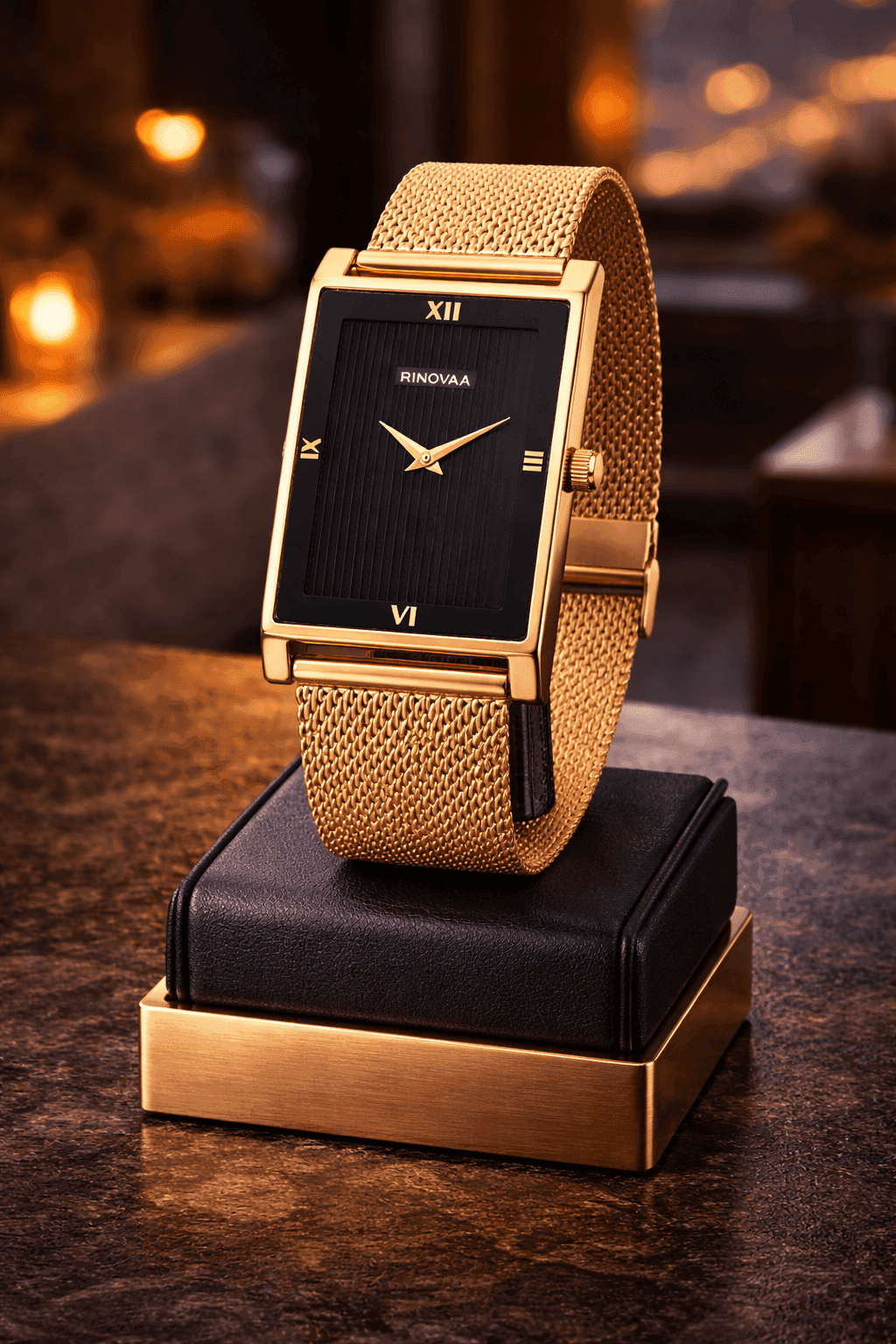 Men’s Rose Gold Rectangular Analog Watch | Black Textured Dial | Stainless Steel Mesh Bracelet | Premium Quartz Watch for Men 3