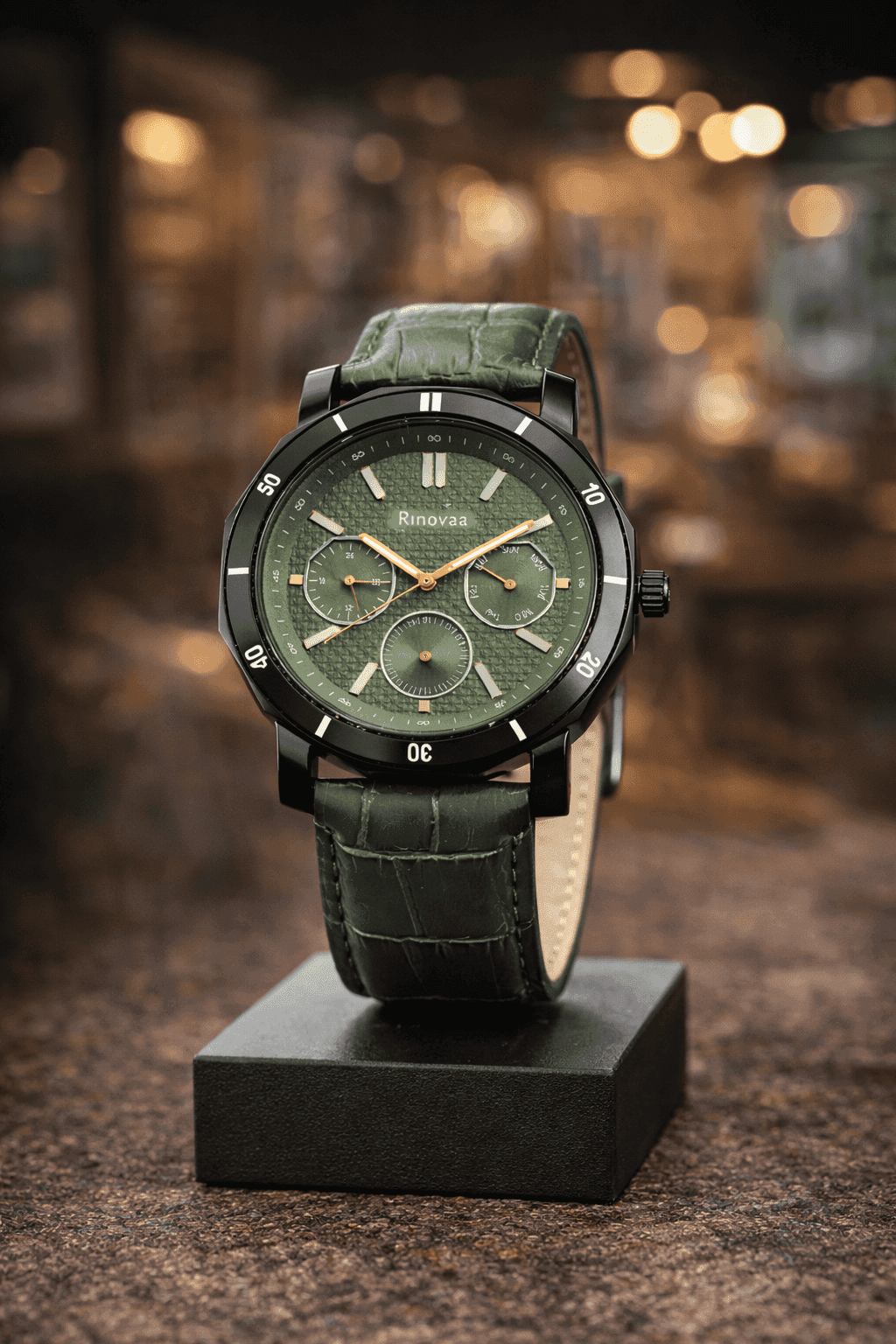 Men’s Analog Multifunction Watch | Green Textured Dial | Black Stainless Steel Case | Green Leather Strap | Stylish Casual & Formal Wrist Watch 5