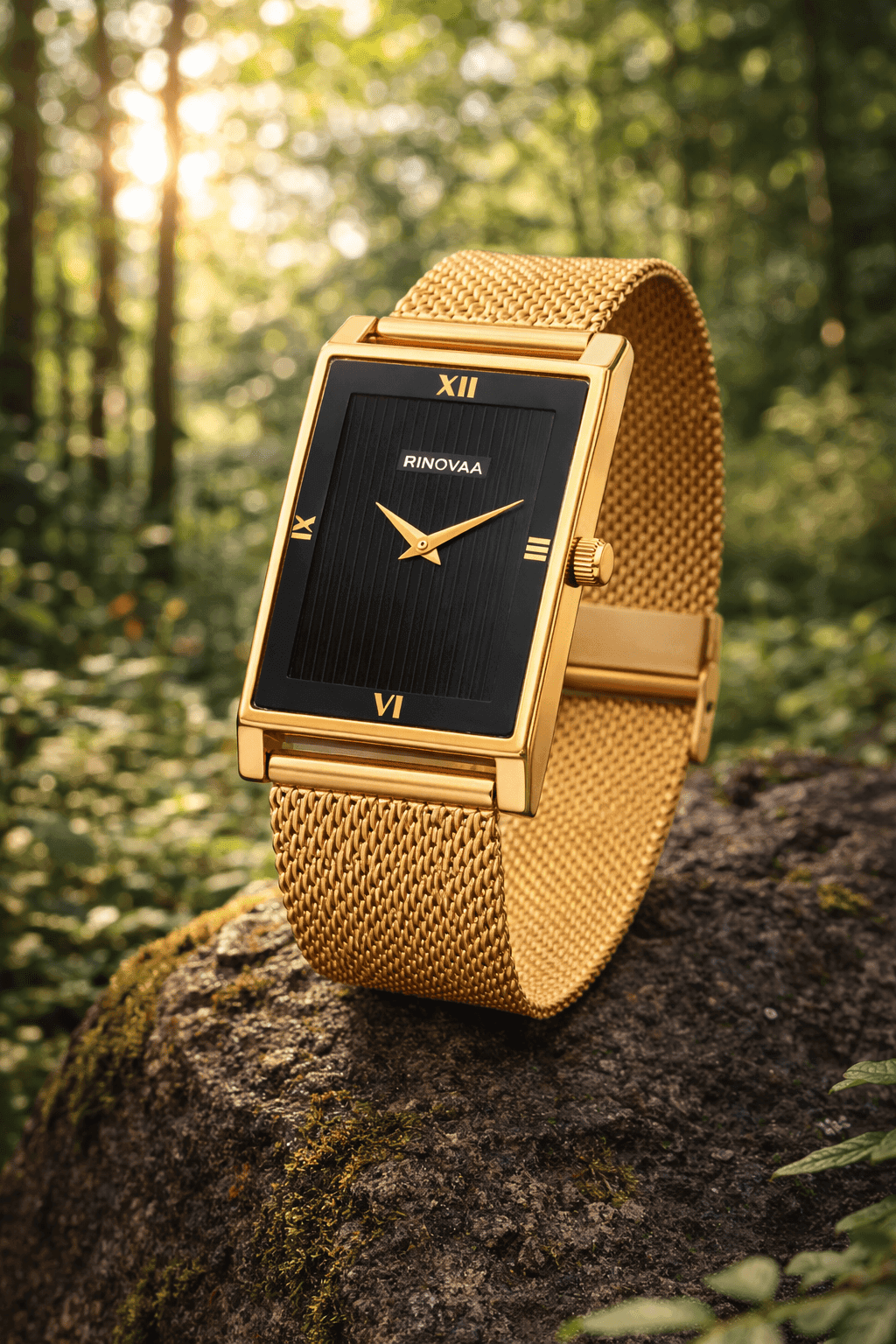 Men’s Rose Gold Rectangular Analog Watch | Black Textured Dial | Stainless Steel Mesh Bracelet | Premium Quartz Watch for Men 5